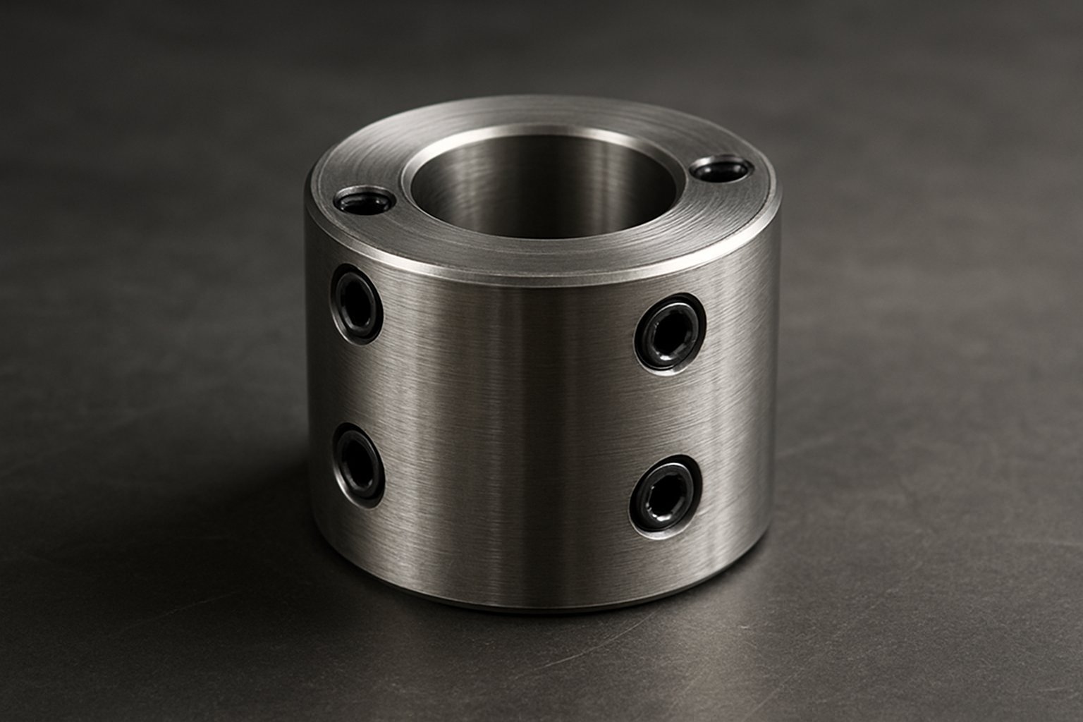 Precision-machined steel coupling with clean cylindrical edges and visible fastener holes on a matte industrial surface