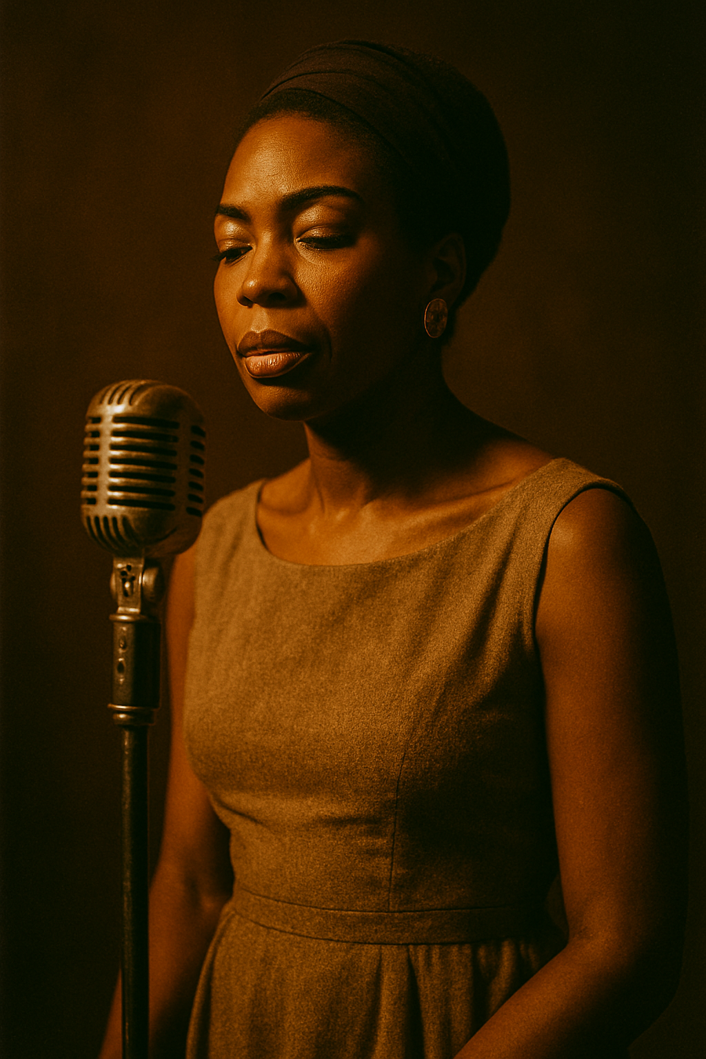Moody portrait of a jazz singer under warm stage lighting with a vintage microphone