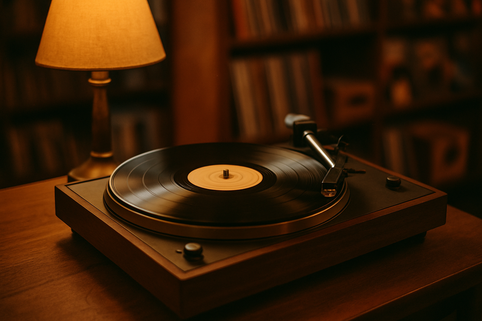 Vintage turntable with a spinning vinyl record on a wooden table under warm ambient light
