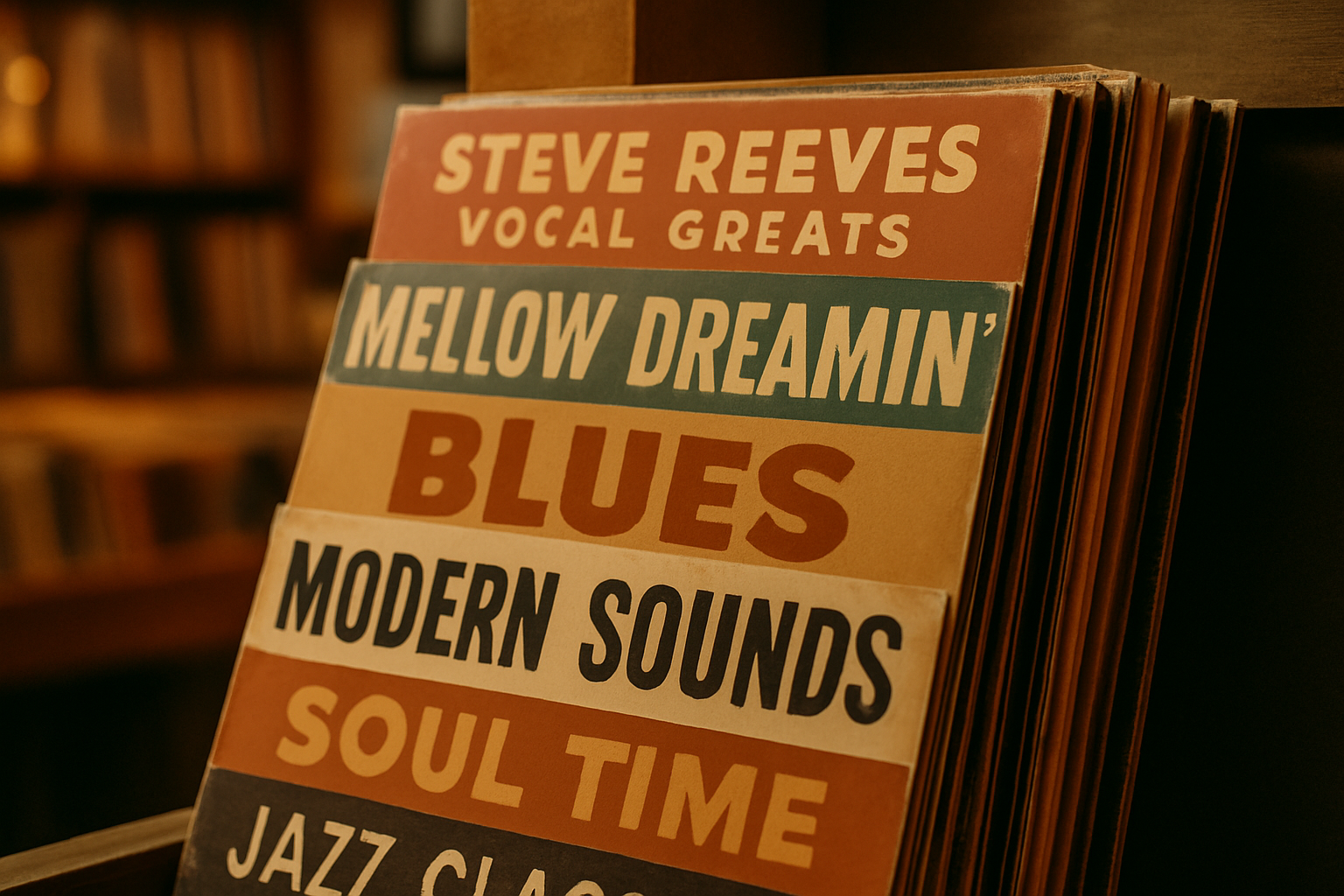 Stack of colorful vintage vinyl sleeves leaning against a shelf with cozy record shop lighting