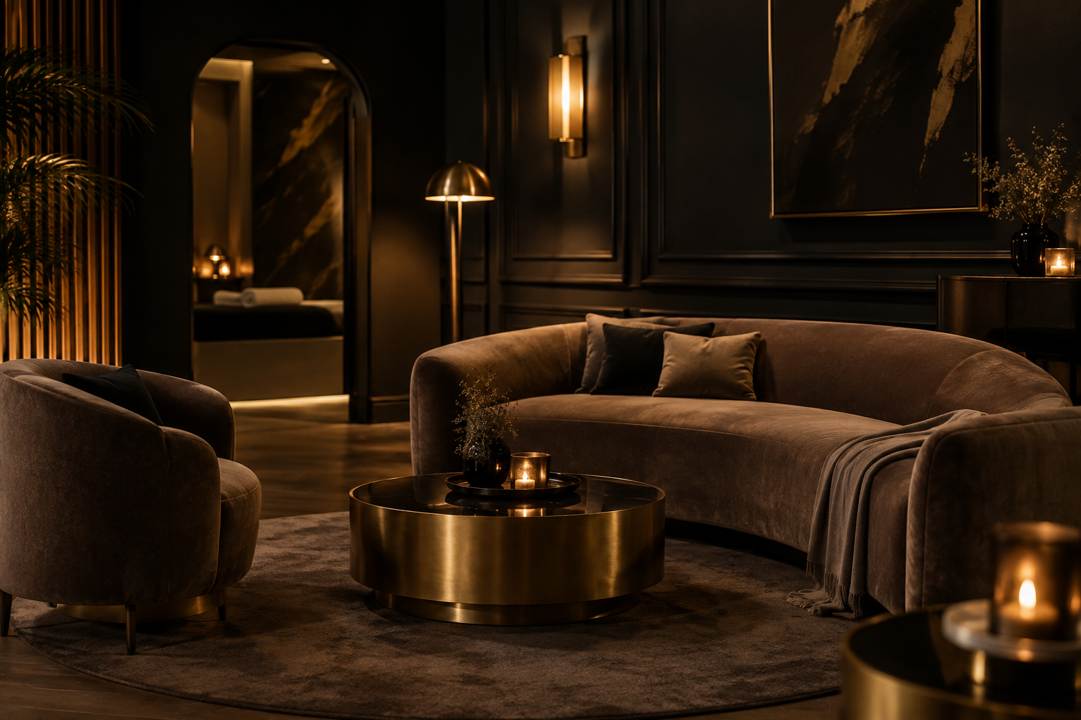 Refined private lounge with warm low lighting, velvet seating, brushed metal accents, and a calm premium ambiance