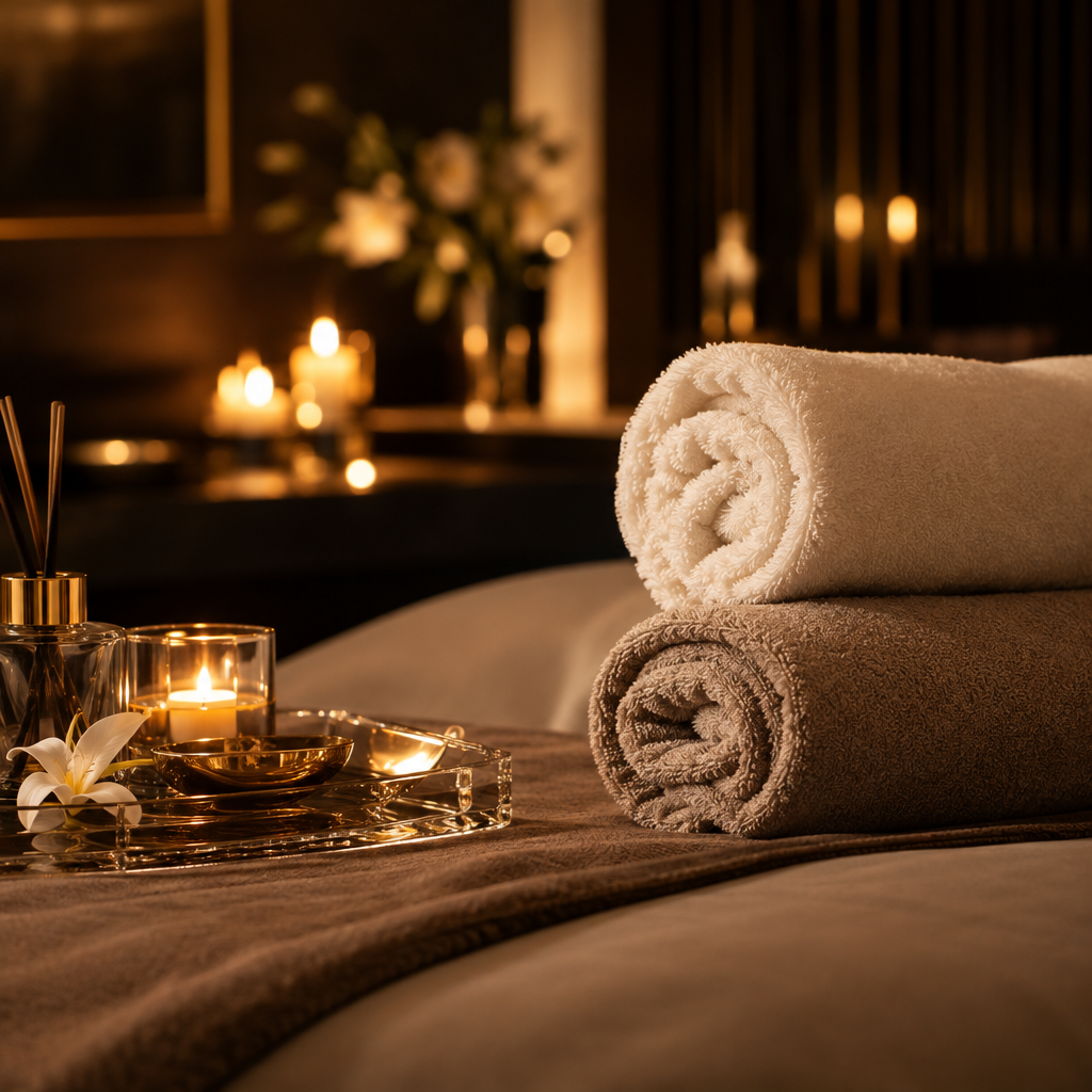 Elegant detail of neatly arranged cream linens, glass tray, and subtle candle glow in a discreet upscale room