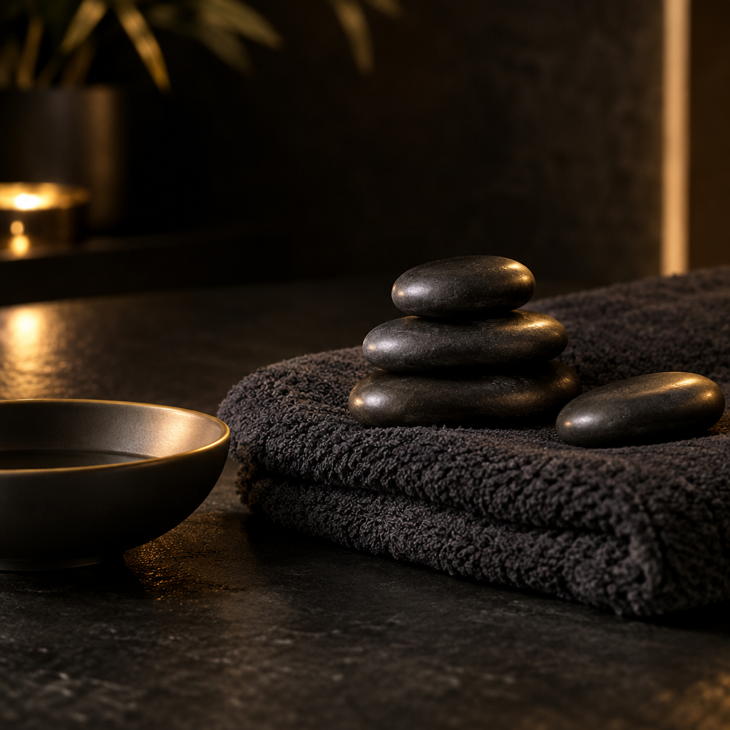 Close-up of smooth warm-toned massage stones, folded charcoal towel, and soft golden side lighting on a dark surface