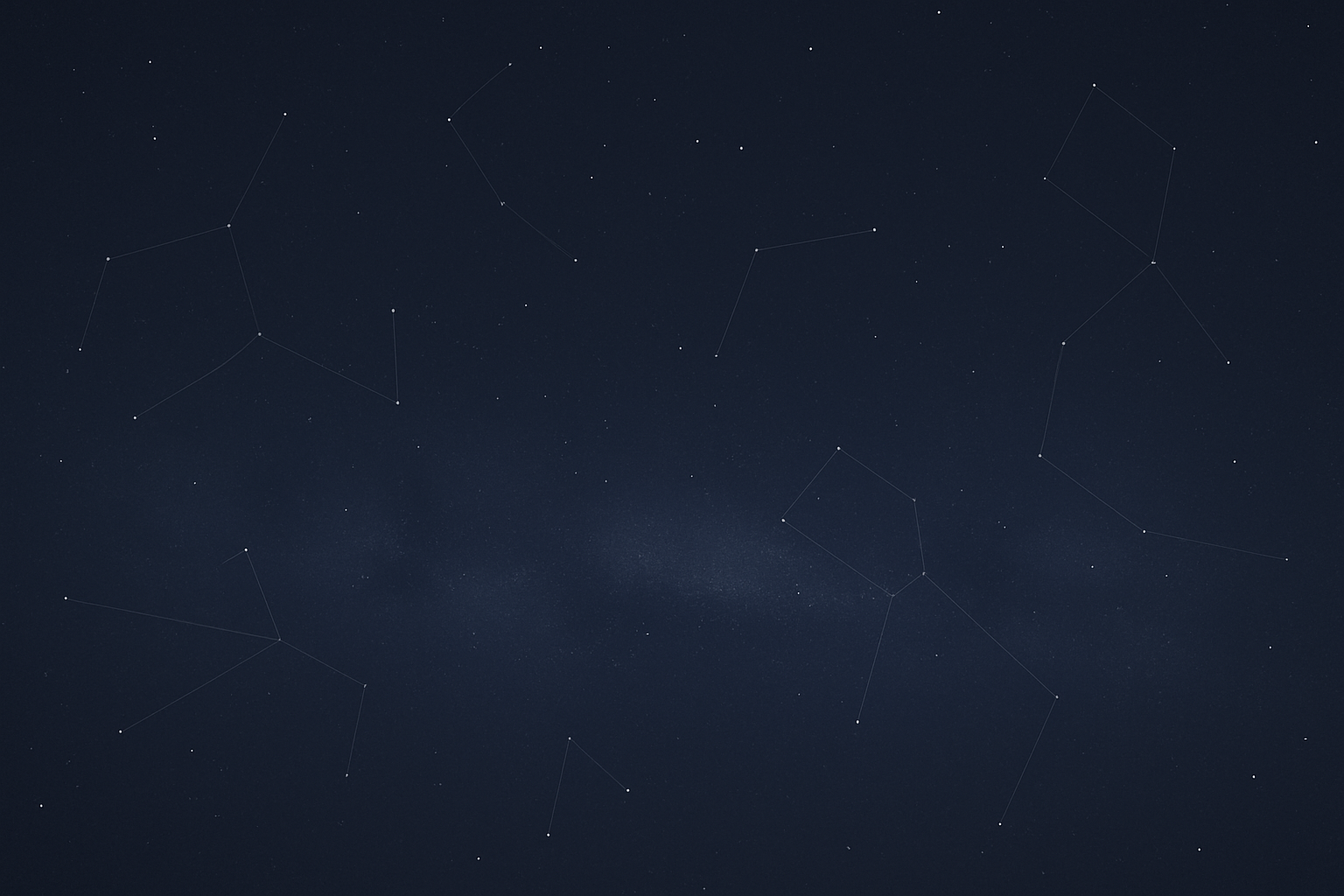Wide atmospheric night sky with deep navy tones, subtle stars, and faint constellation lines