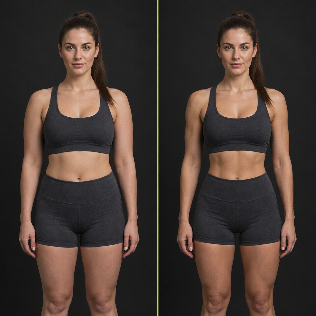 AI-generated side-by-side illustration of a woman with a chestnut ponytail wearing charcoal sportswear, showing a softer physique beside a more defined physique; not an actual client.