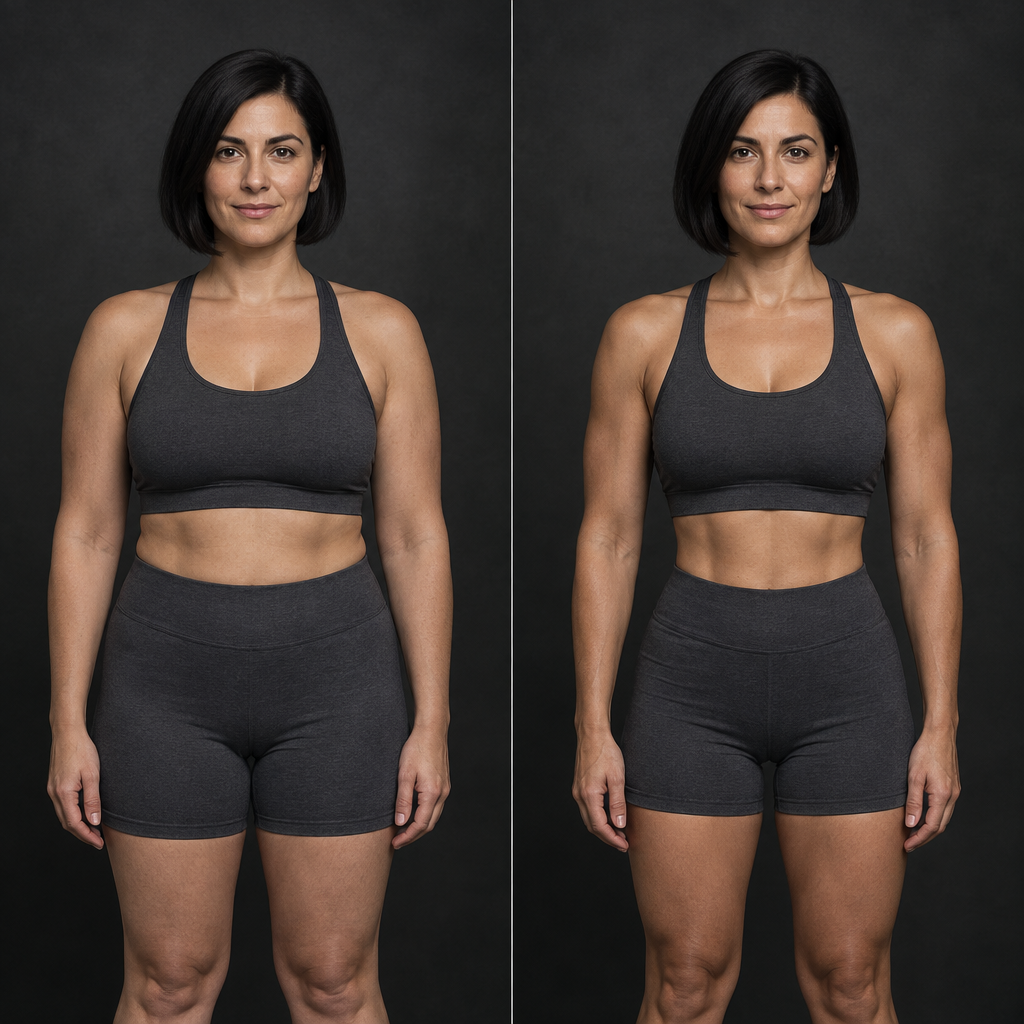 AI-generated side-by-side illustration of a woman with an olive complexion and short black hair wearing graphite sportswear, showing a softer physique beside a stronger athletic physique; not an actual client.