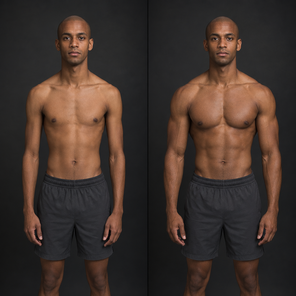 AI-generated side-by-side illustration of a lean man with dark skin and a shaved head, showing a slim physique beside a more developed athletic physique; not an actual client.