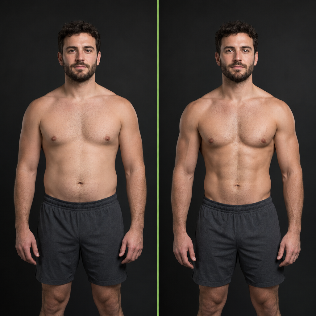 AI-generated side-by-side illustration of a broad-framed man with short dark curly hair, showing a softer physique beside a more muscular physique; not an actual client.