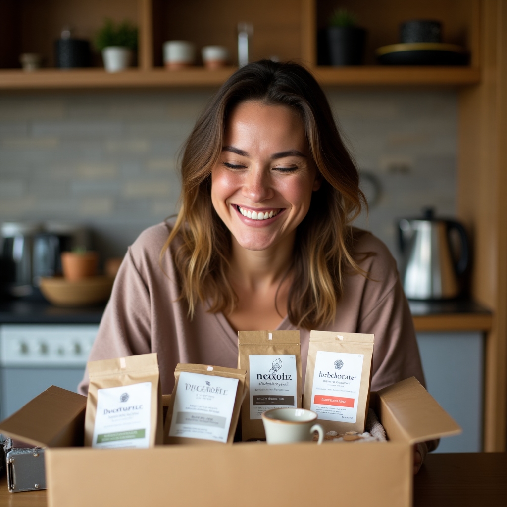 Woman unboxing a subscription bundle in a home kitchen