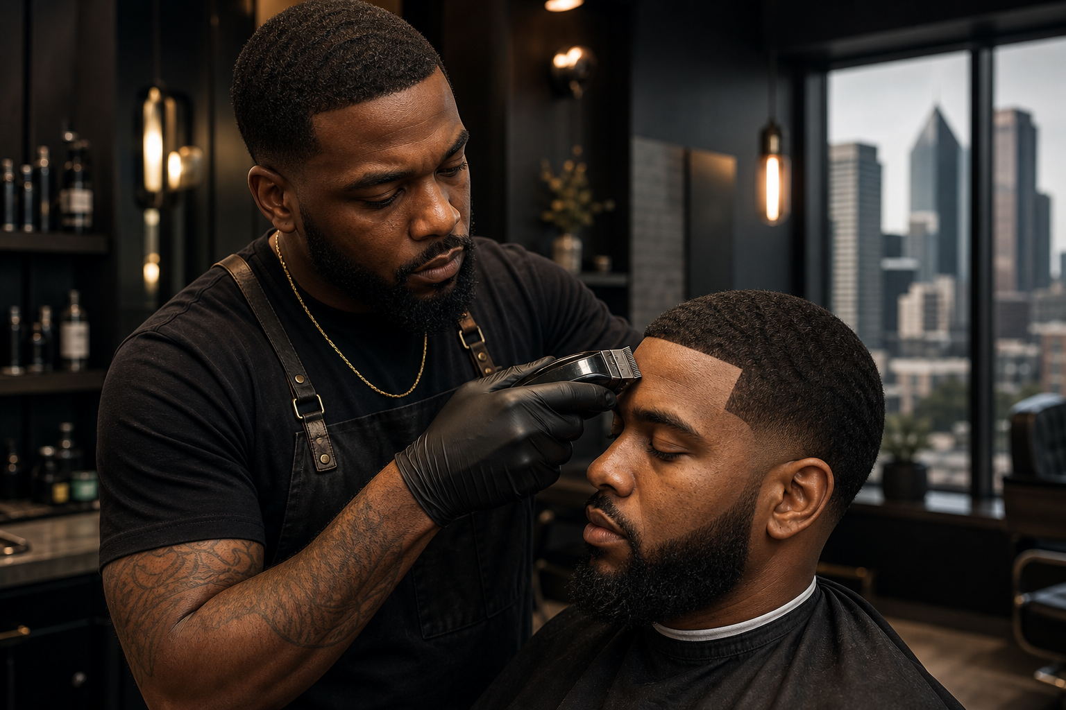 Confident Black barber with close-cropped hair giving a precise lineup haircut in a modern Atlanta barbershop