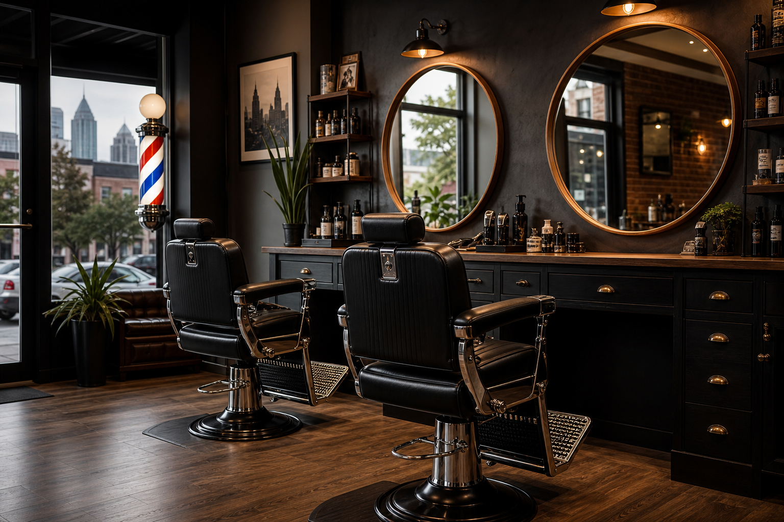 Warm, modern barbershop interior with barber chairs, mirrors, and soft lighting