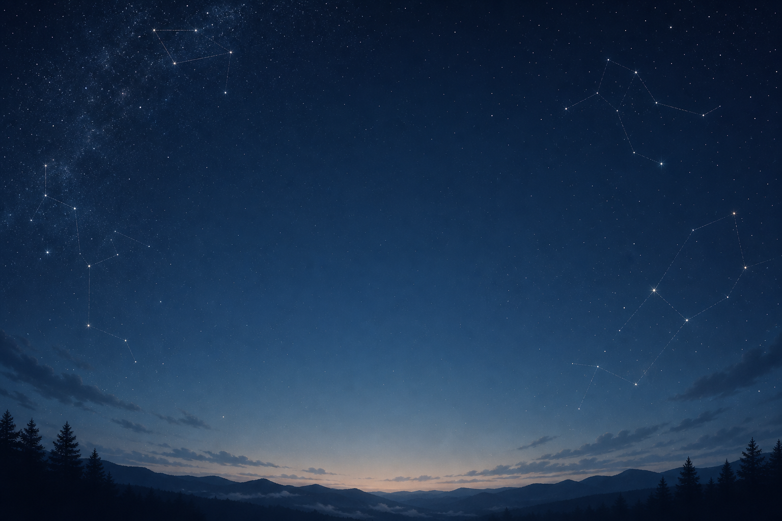 Calm deep-night sky with subtle stars and faint constellation lines