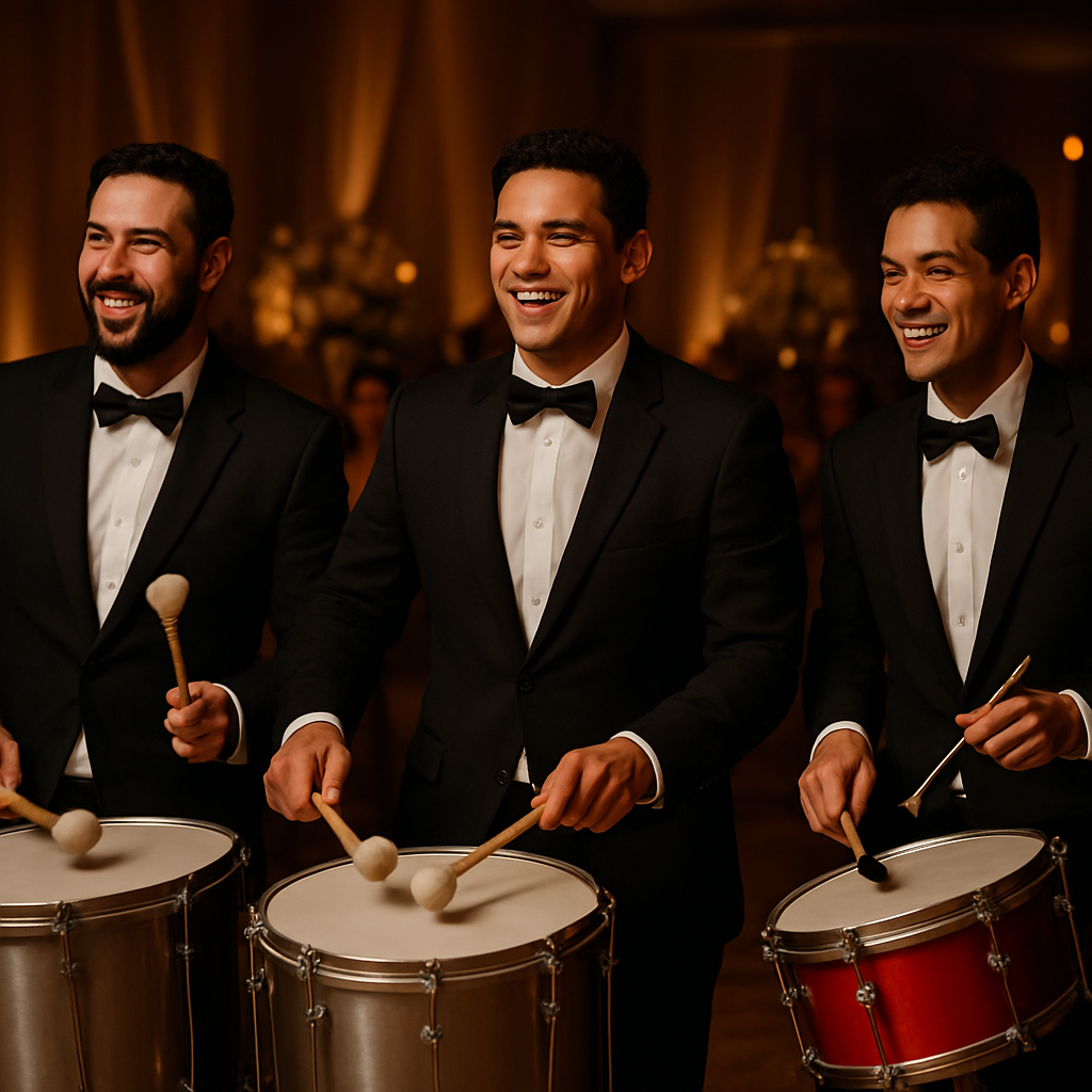 Samba drummers in tailored black attire with gold drum hardware