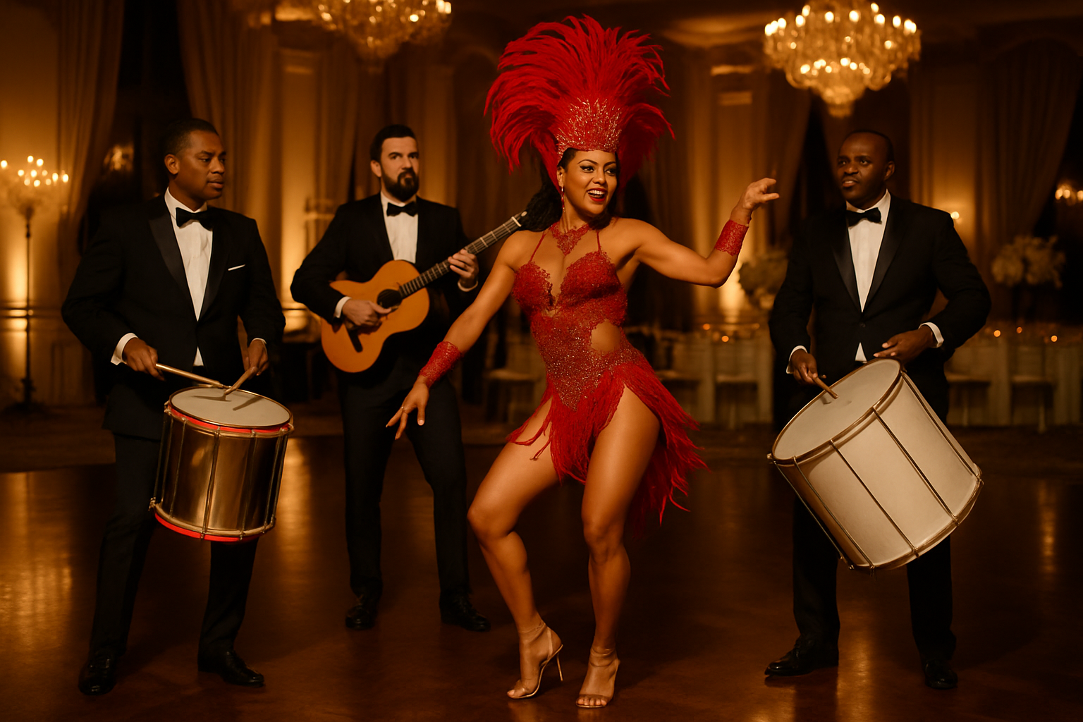 Elegant samba ensemble performing under warm lights at a luxury wedding reception
