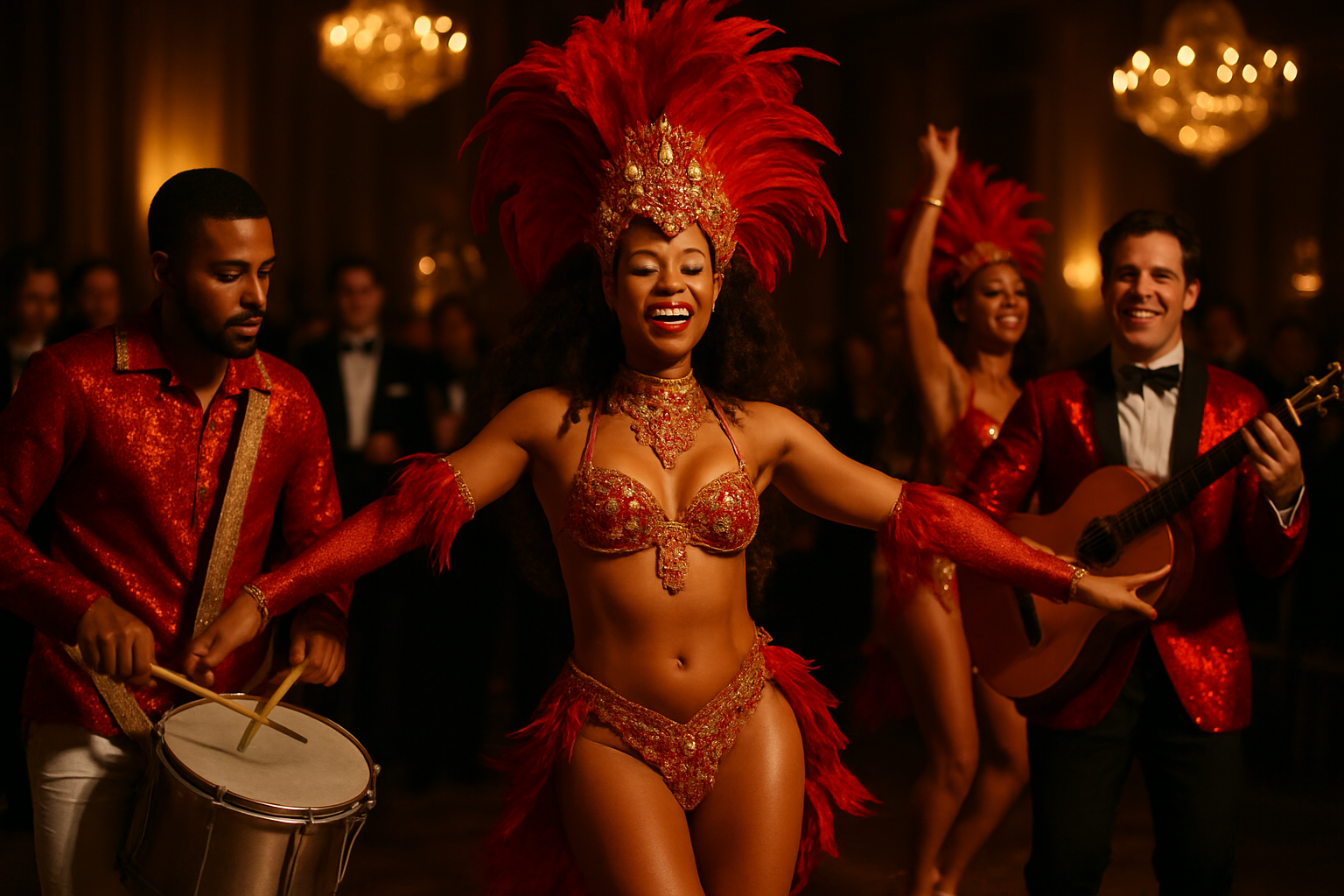 Samba performers captured in a sweeping luxury ballroom photograph with warm golden light and dramatic shadows