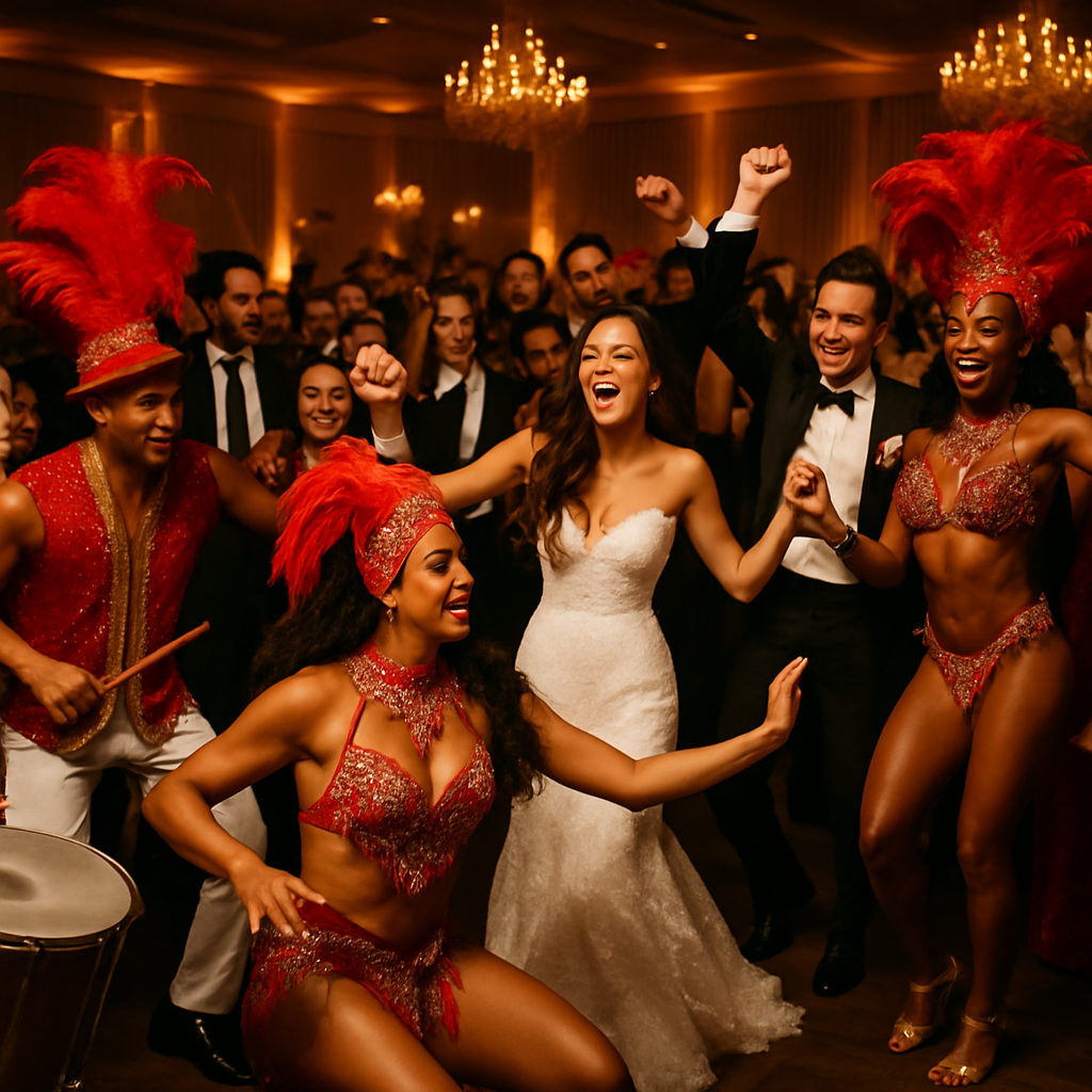 Crowd celebrating on a ballroom dance floor with samba performers