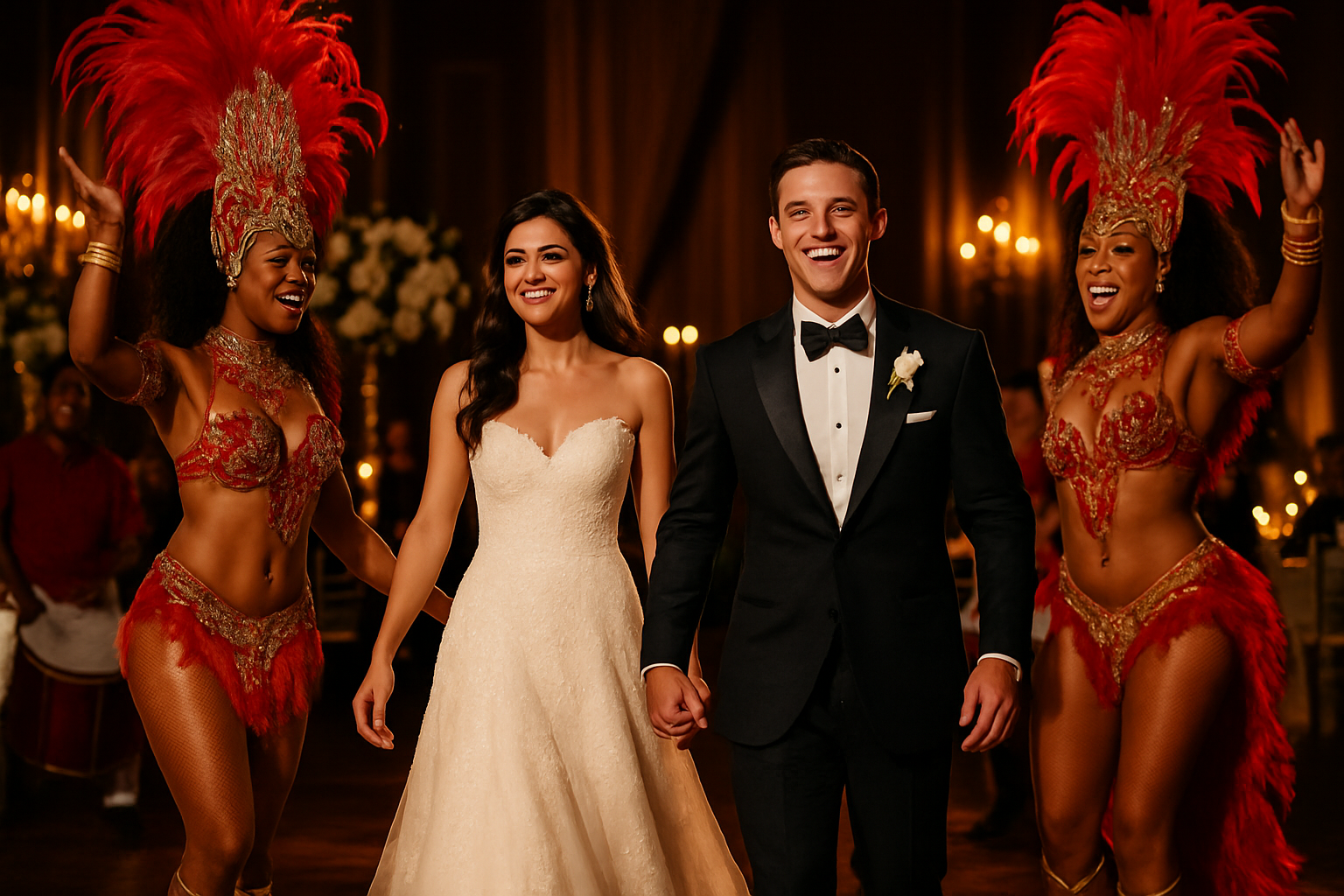 Bride and groom entering with samba dancers in red costumes and golden accents