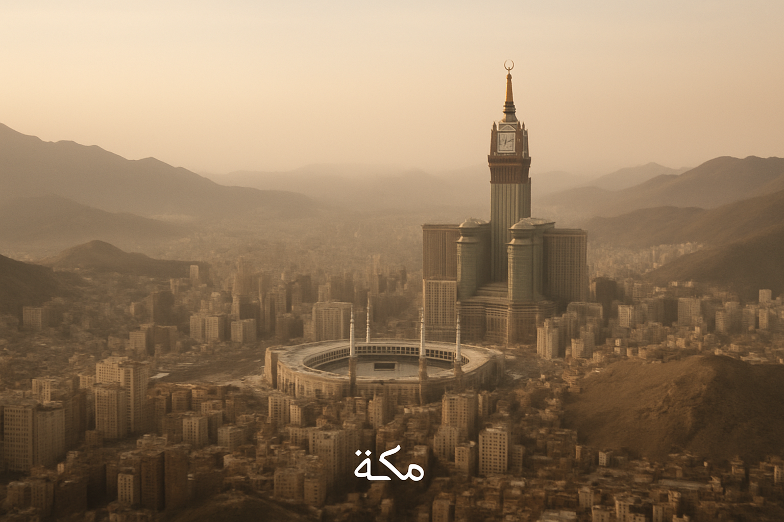 صورة بانورامية هادئة لمكة المكرمة مع جبال في الخلفية وضوء صباحي لطيف