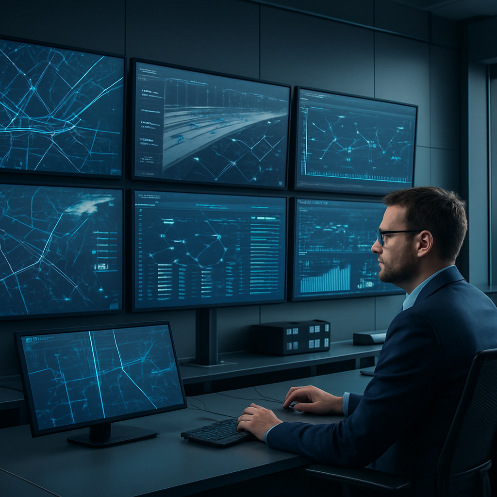 Centro de control de transporte con pantallas de telemetría
