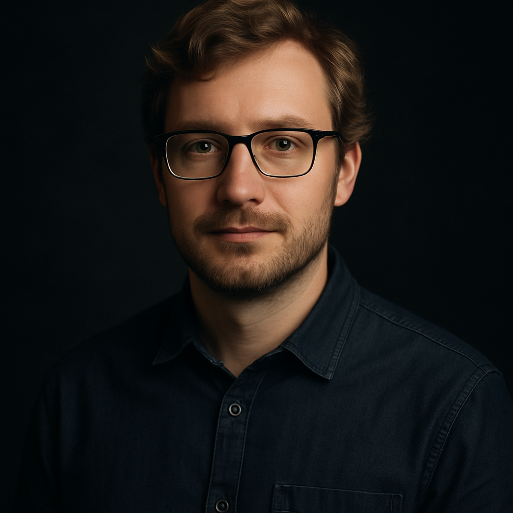 Andrii Lysenko, with wavy sandy hair, rectangular glasses and a dark denim shirt
