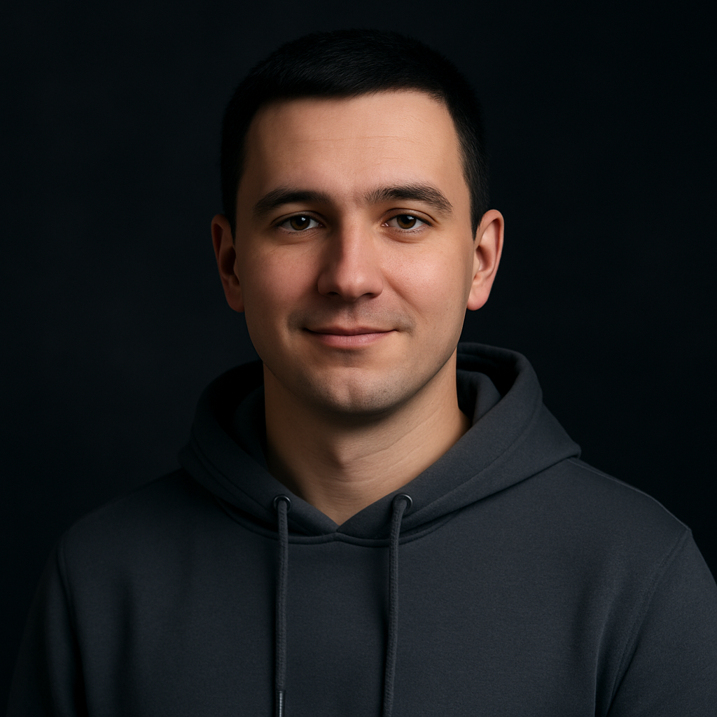 Danylo Shevchenko, with short black hair, clean-shaven face and a slate hoodie