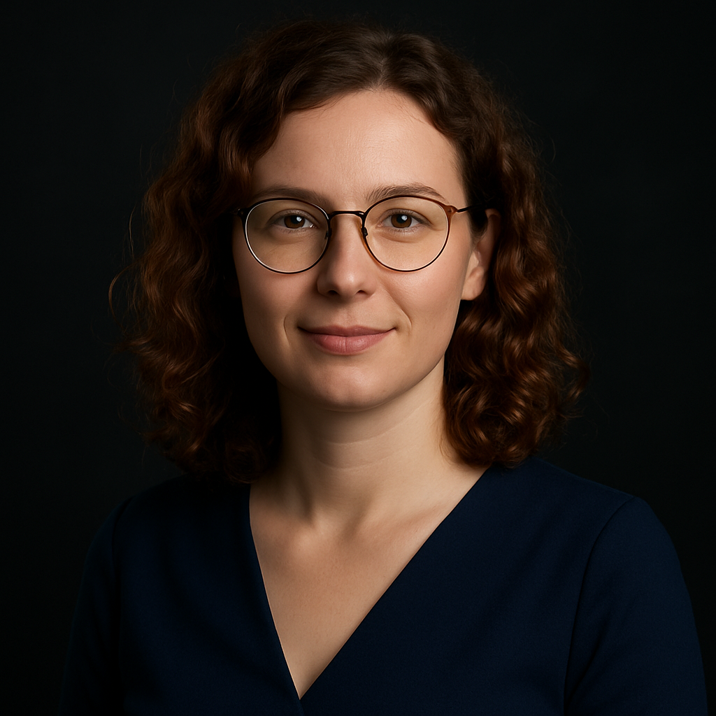 Iryna Melnyk, with shoulder-length auburn curls, round glasses and a navy blouse