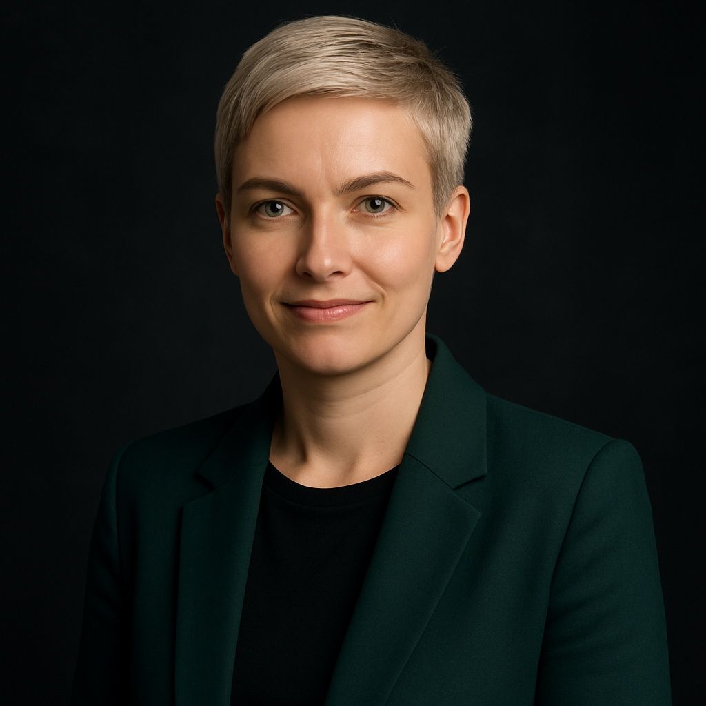 Kateryna Moroz, with a short platinum pixie cut and a forest-green blazer