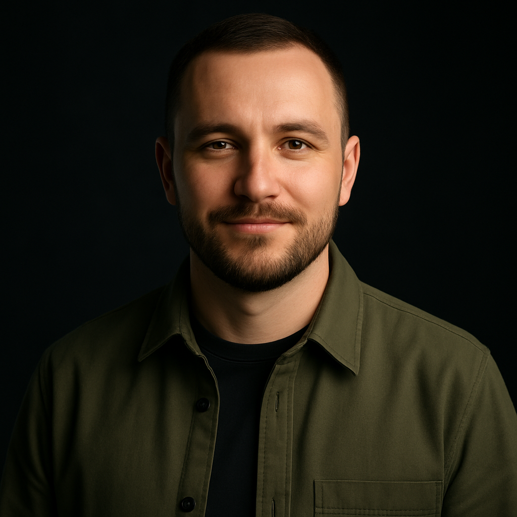 Maksym Bondar, with cropped brown hair, a short beard and an olive overshirt