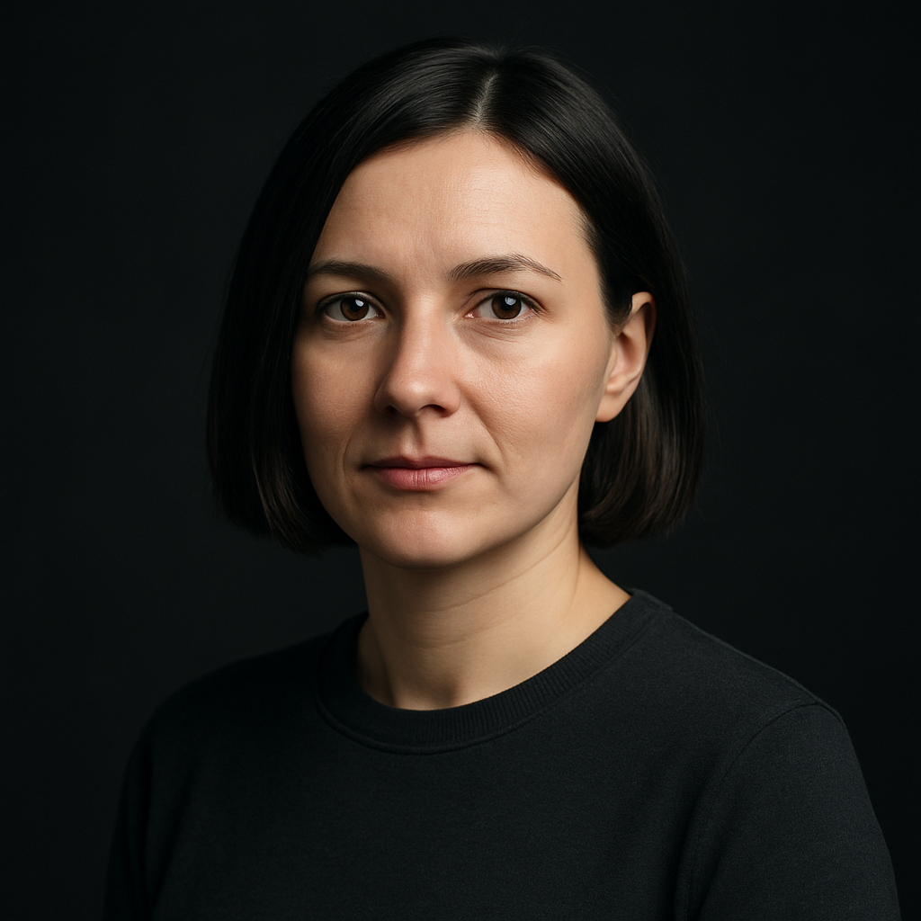 Olena Koval, with a dark bob haircut and a charcoal crewneck
