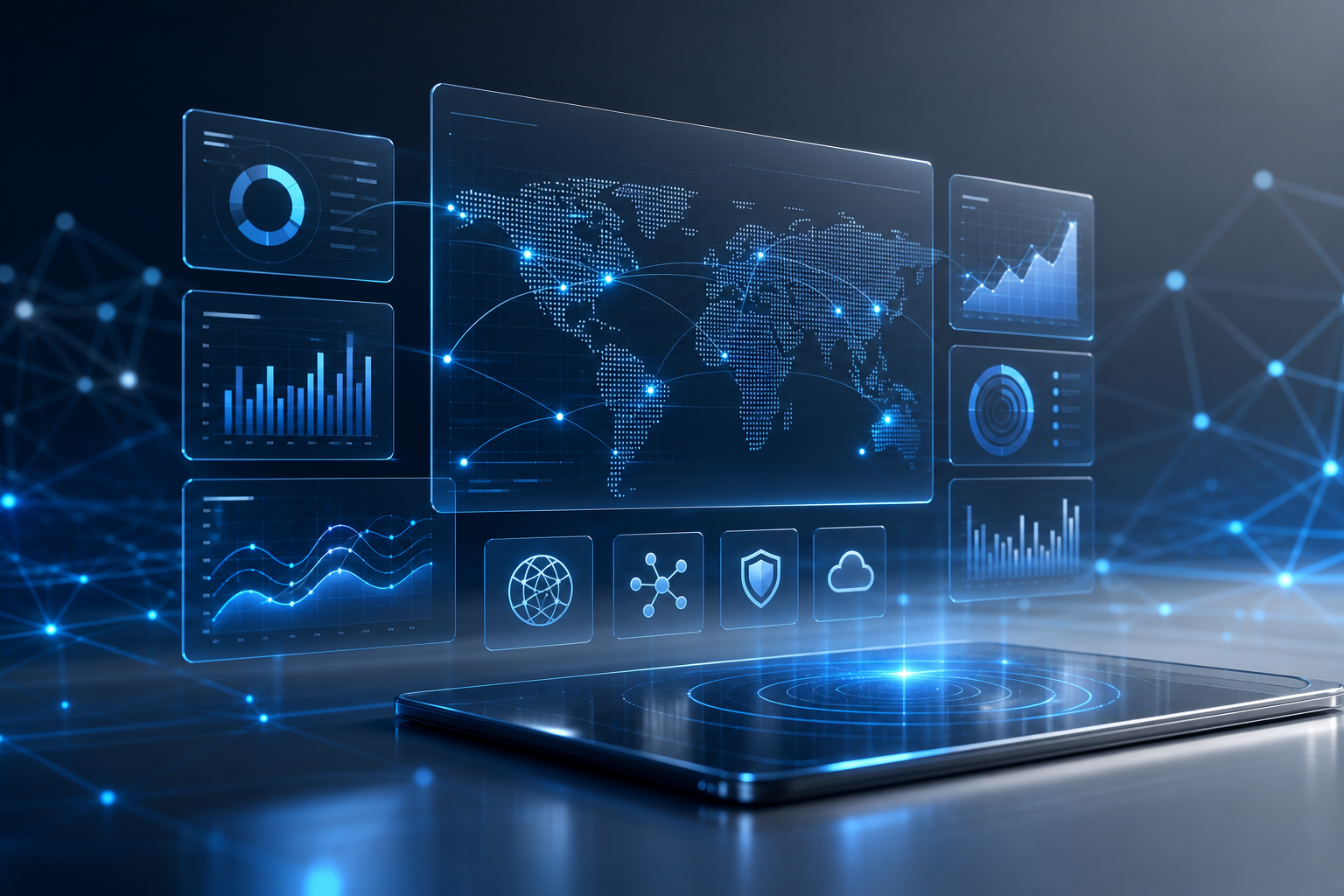 Abstract enterprise technology dashboard with blue holographic data panels and network lines