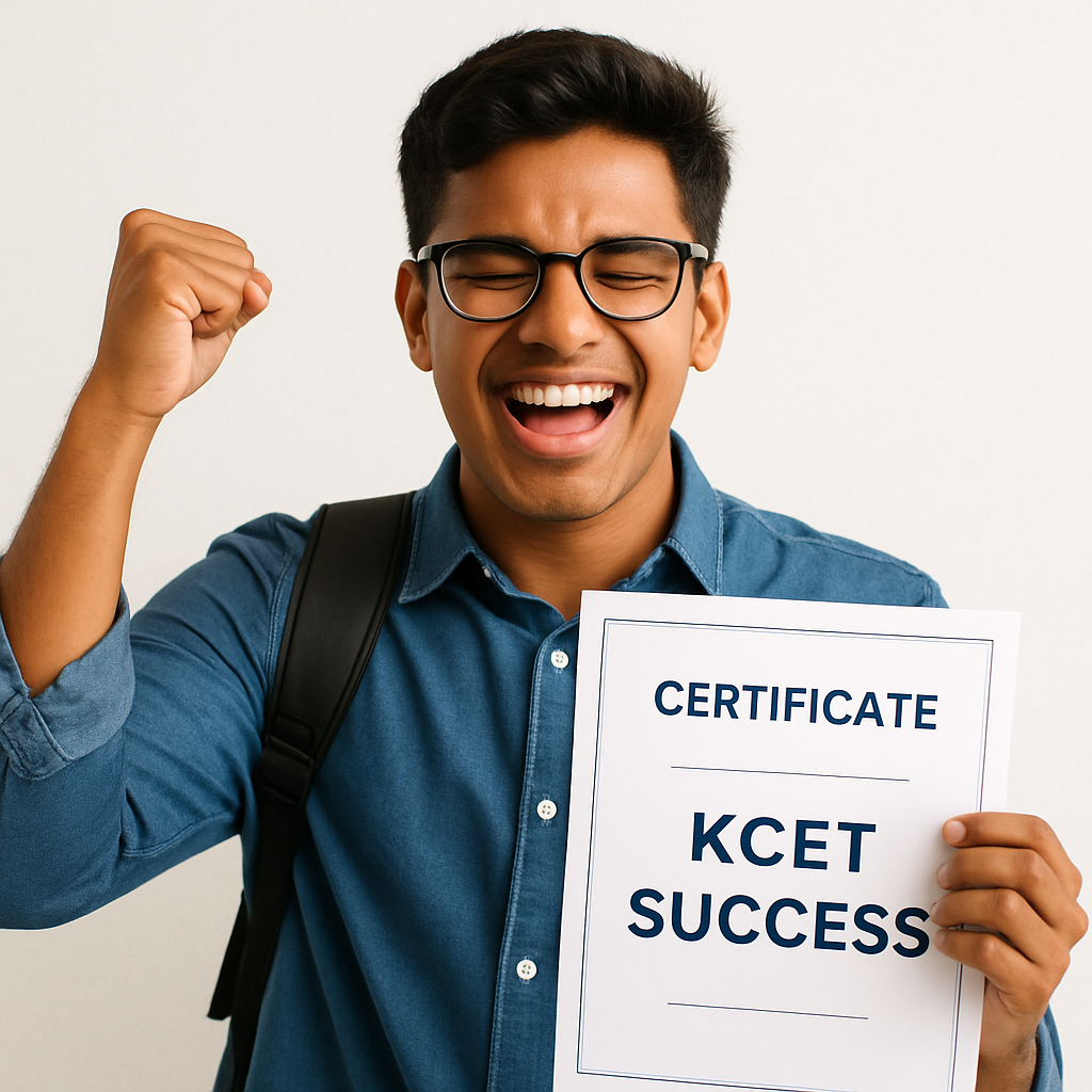 Student celebrating exam success, holding a certificate, light background, KCET achievement theme, modern and trustworthy visual style, clean colors, bright atmosphere