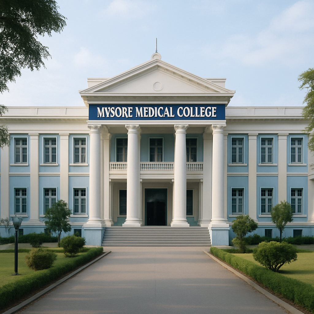 Mysore Medical College campus, classic Indian academic architecture, welcoming atmosphere, modern professional style, soft natural lighting, clean blue and white color palette