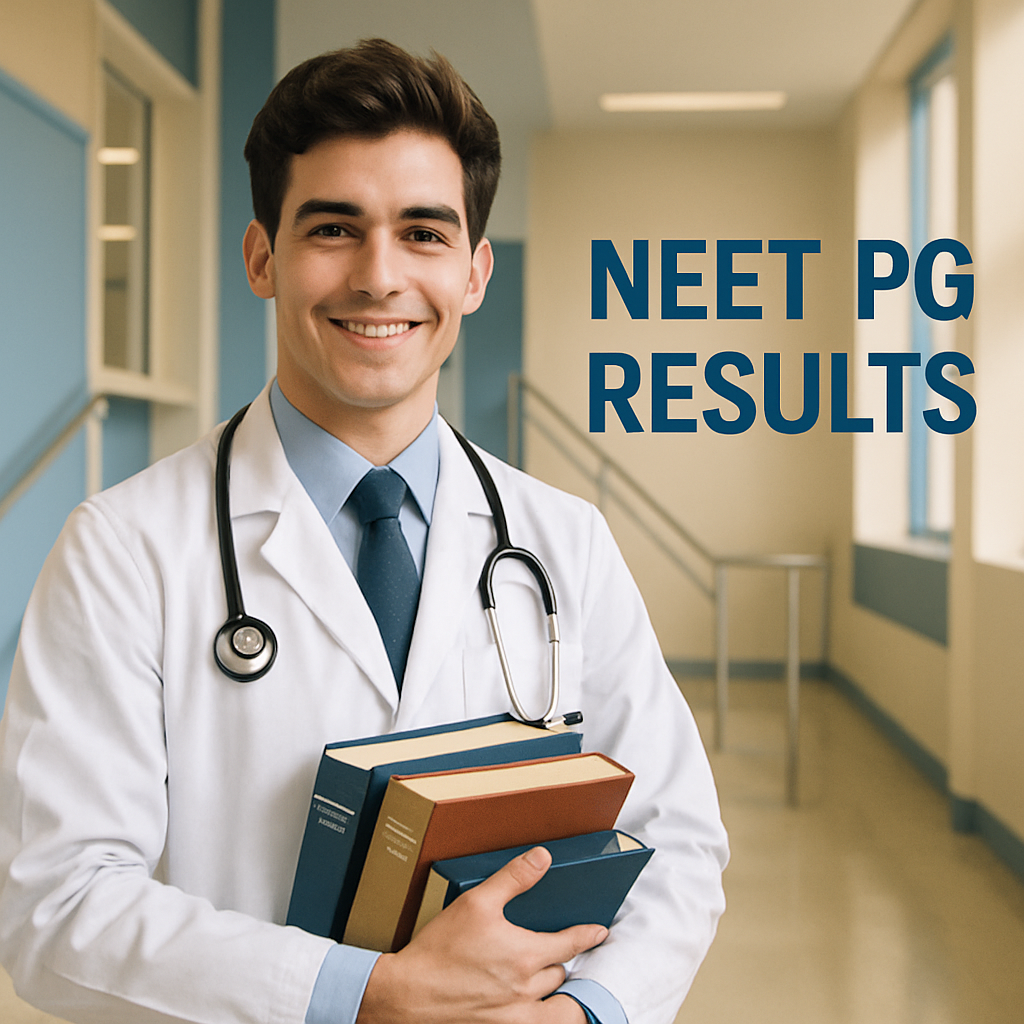 Young male doctor with exam books, confident smile, NEET PG results concept, professional attire, modern academic setting, blue and cream tones, bright and optimistic mood