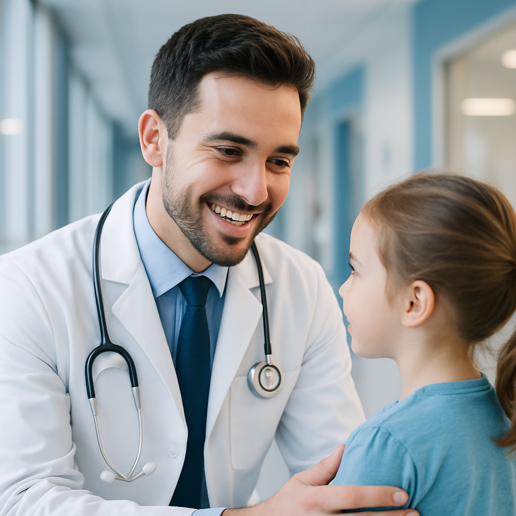 Young doctor with a stethoscope interacting warmly with a child, hospital background, modern professional look, inviting and caring mood, blue and white color scheme