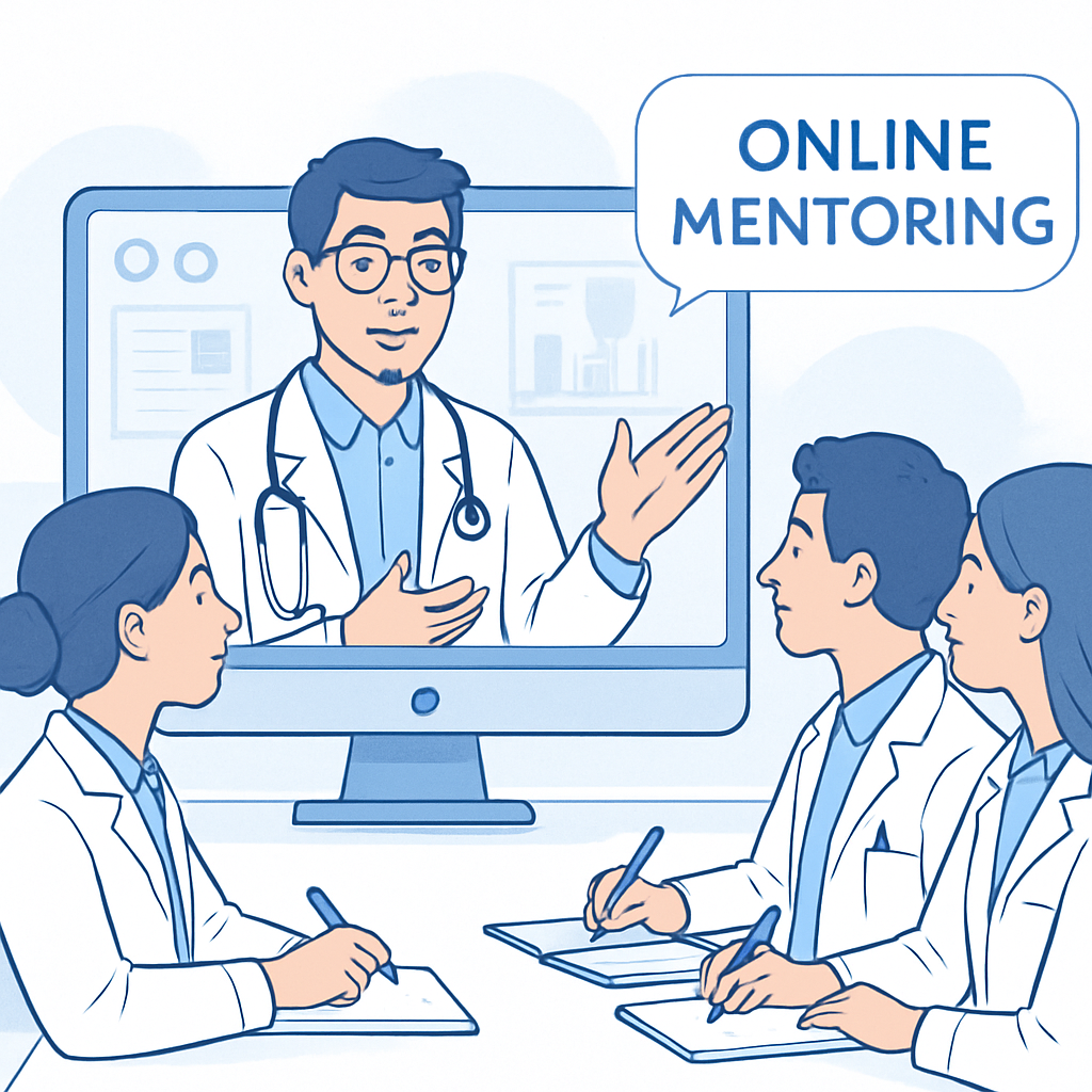 Online mentoring session with a young doctor guiding medical students, friendly and motivating, professional style, soft blue and white color palette, clean and inviting atmosphere