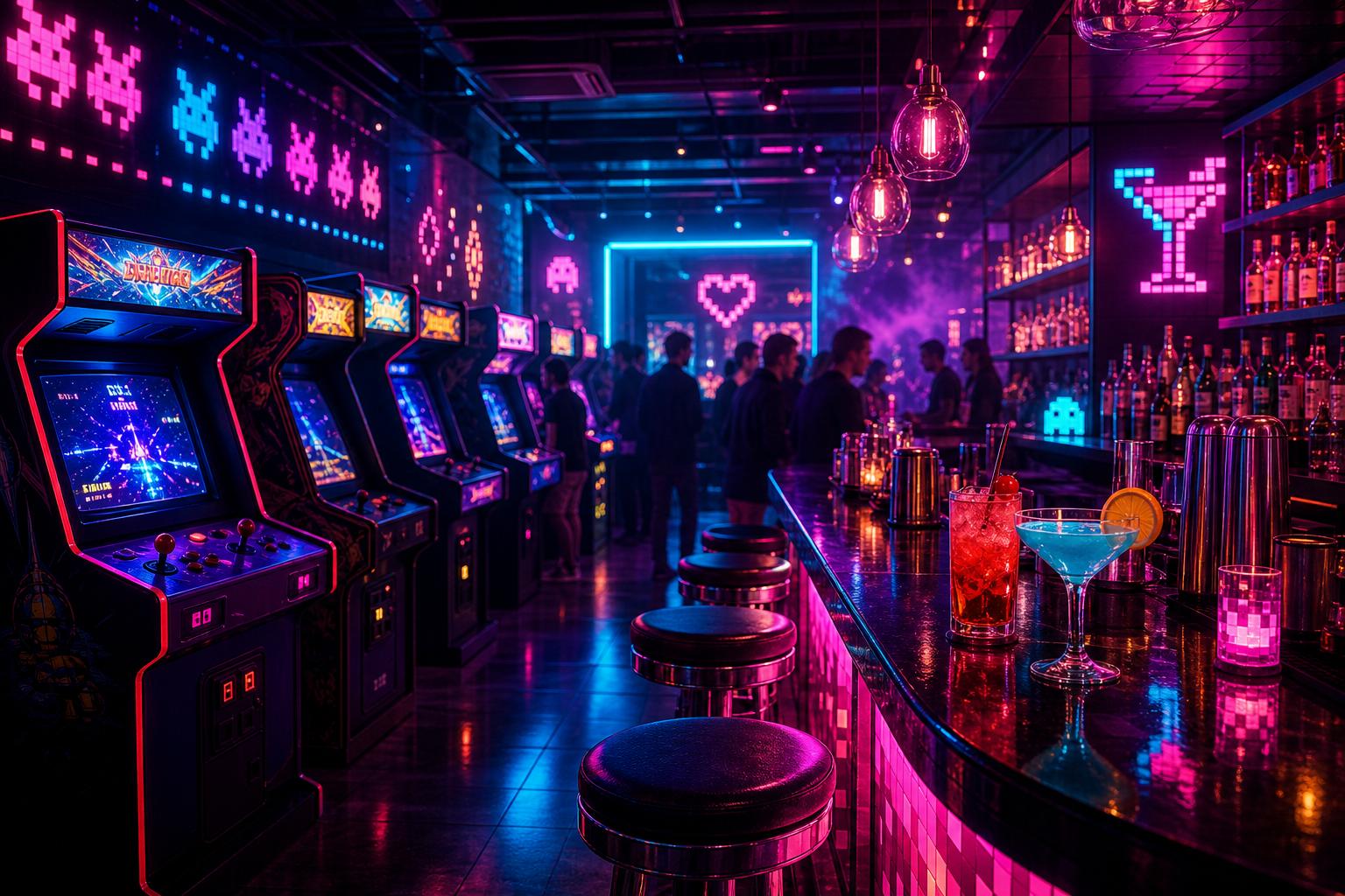 Stylized glimpse of a neon retro arcade bar with glowing game cabinets, cocktail reflections, and energetic crowd silhouettes