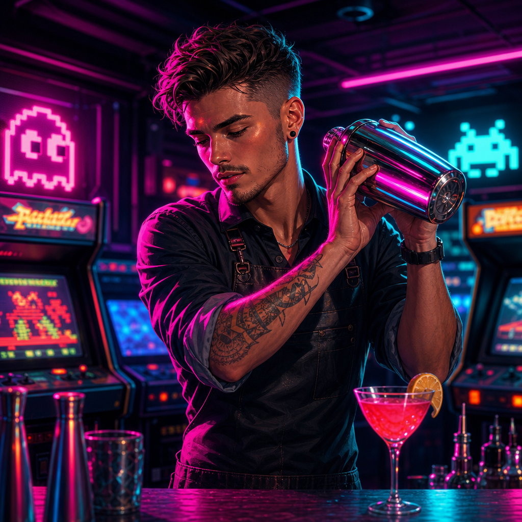 Neon retro illustrated portrait of a cocktail artist with glowing shaker and arcade pins