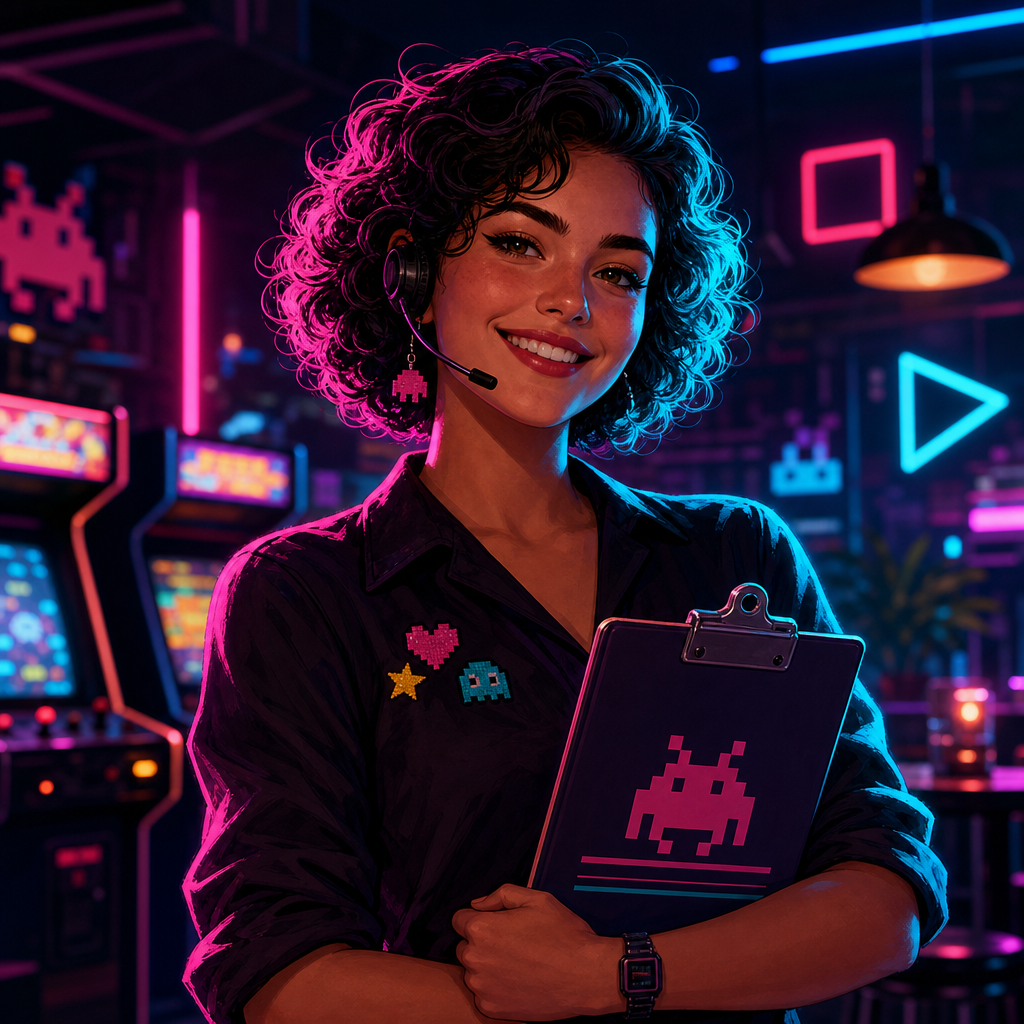 Stylized neon illustrated portrait of an energetic events coordinator with headset and retro planner