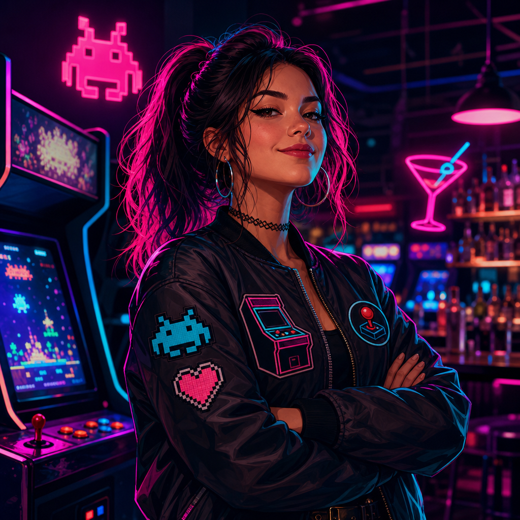 Neon-styled illustrated portrait of a confident arcade floor host in a bomber jacket