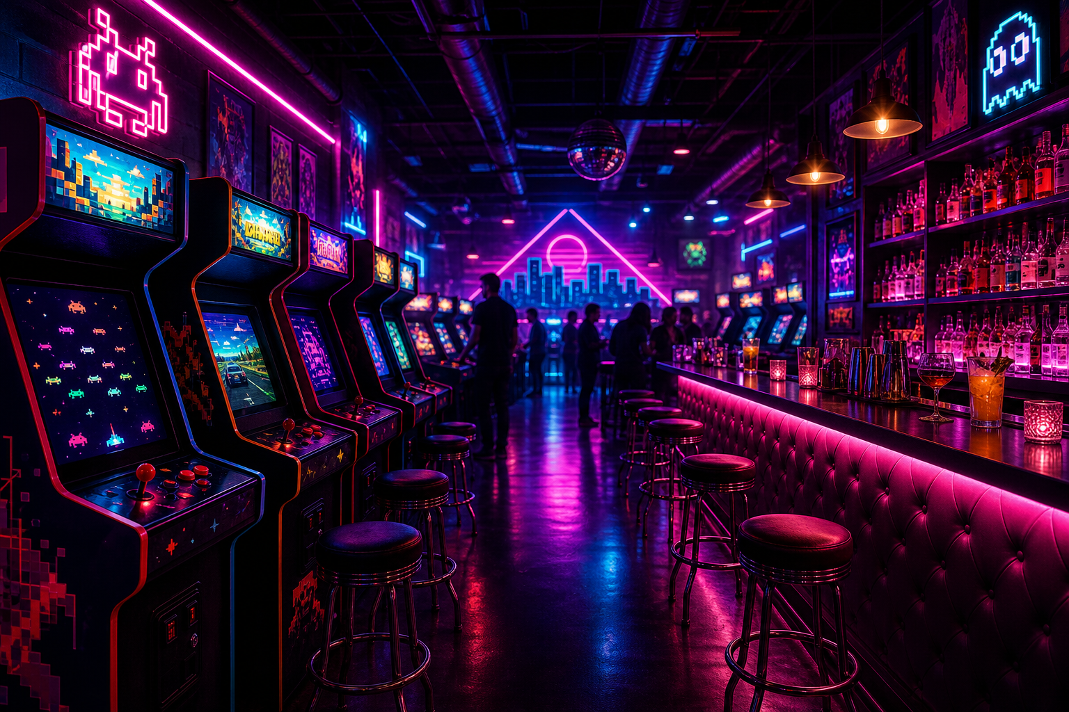 Wide neon-lit retro arcade bar interior with glowing game cabinets, polished cocktail bar lighting, reflective dark floor, and a lively late-night cyberpunk atmosphere