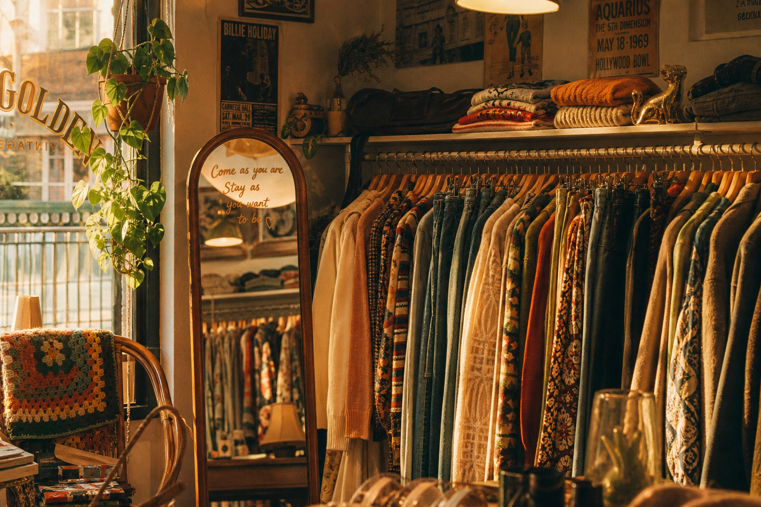 Warm film-photo portrait of a vintage boutique corner with 70s and 80s garments on a rack, textured fabrics, soft golden light, and nostalgic styling.