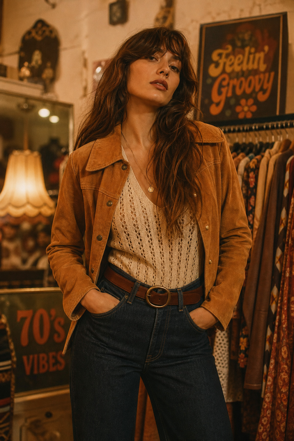 A stylish model wearing a 70s-inspired suede jacket and high-waisted denim, photographed in warm film tones with a cozy boutique backdrop
