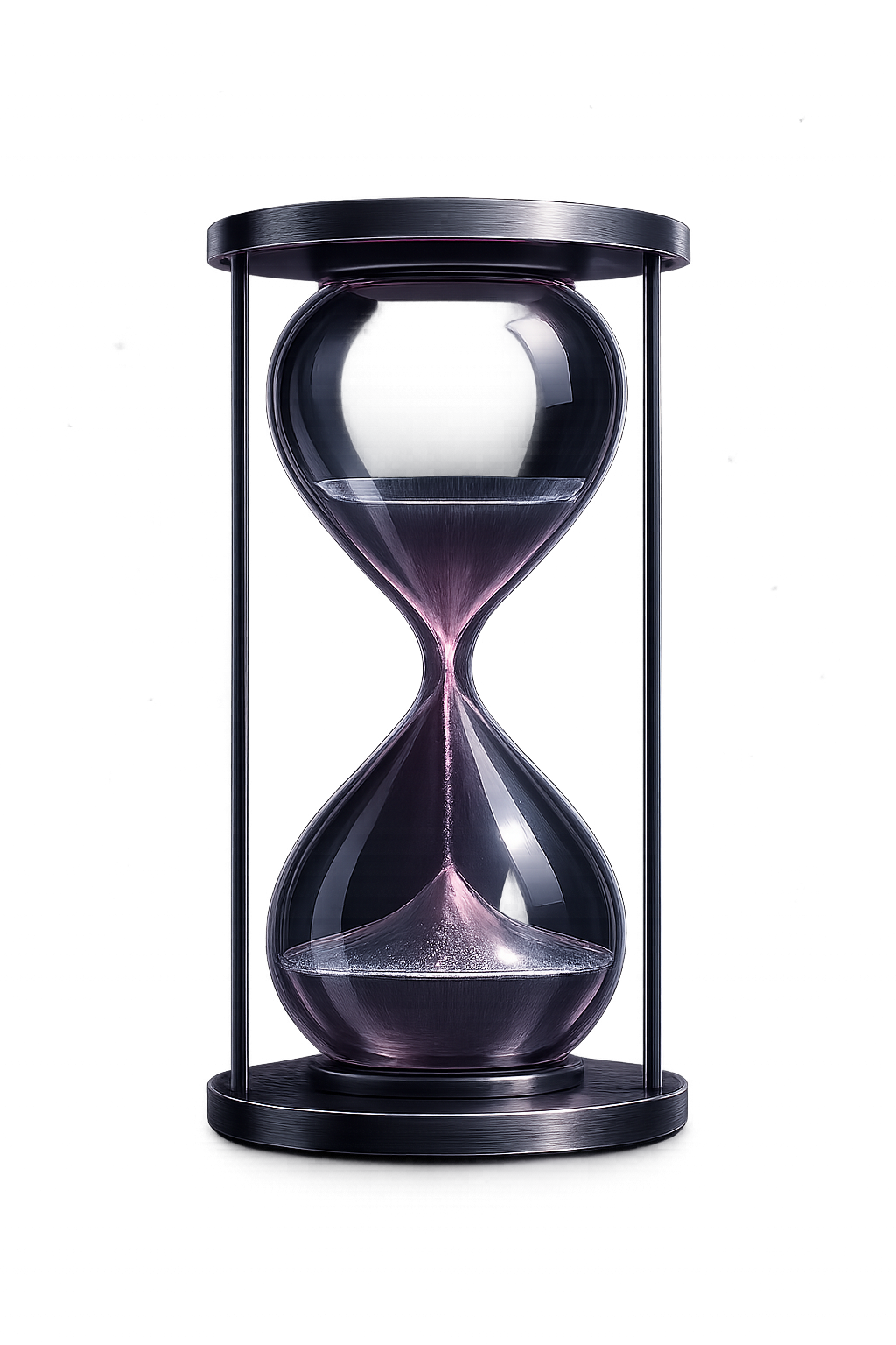 Elegant transparent crystal hourglass with thin metallic frame and clear glass chambers