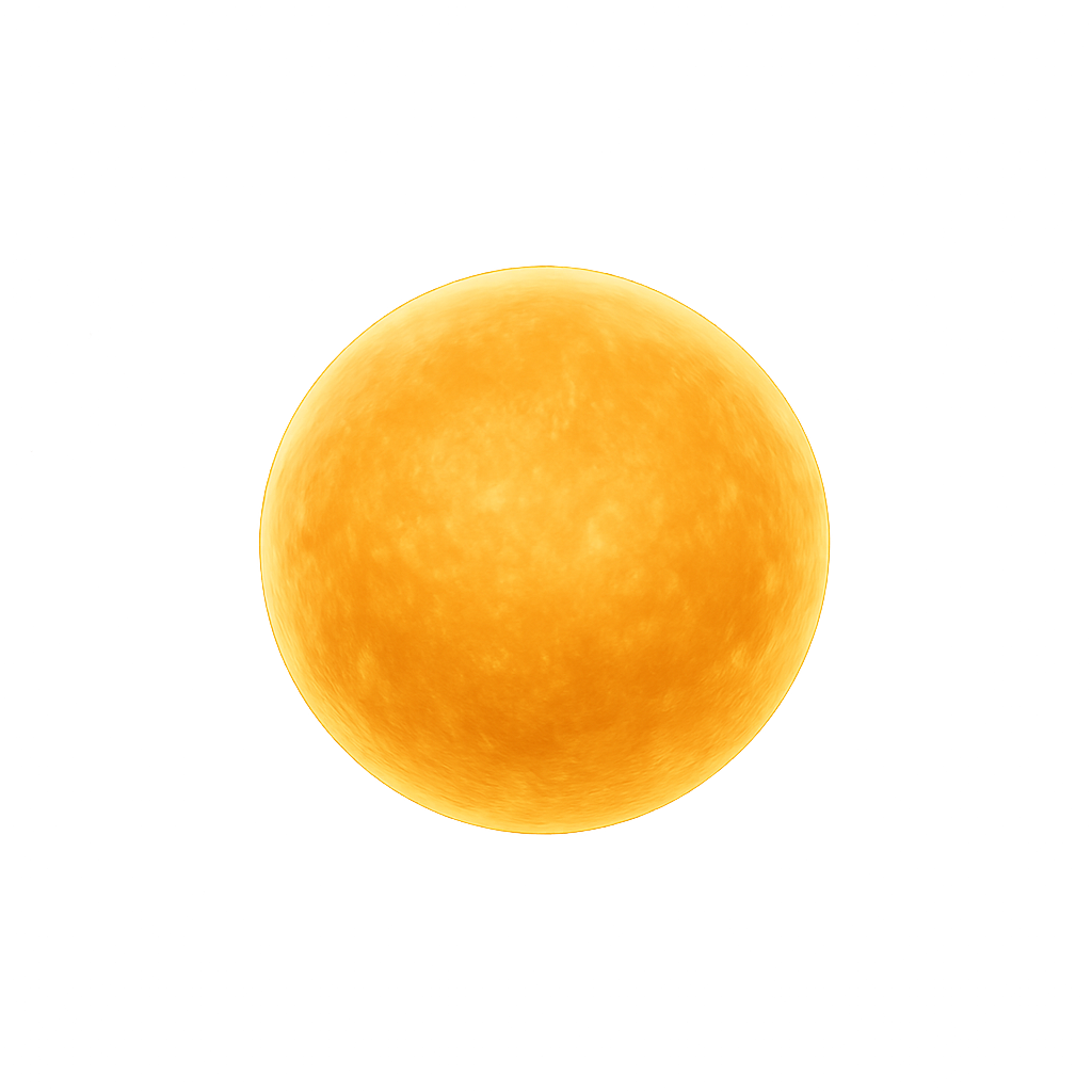 Realistic glowing sun with a warm golden-yellow core, soft orange corona, subtle radial light, and a clean circular form