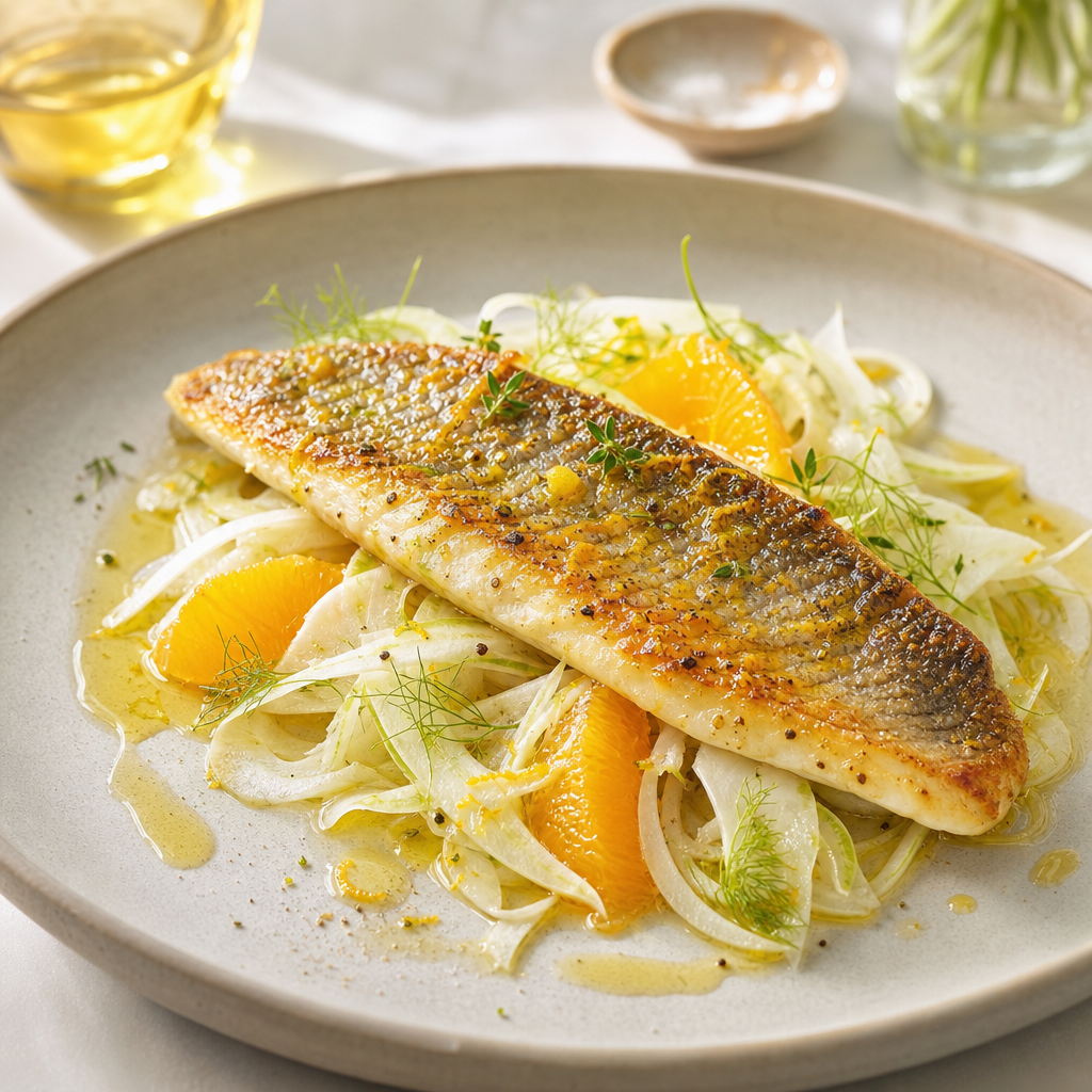Pan-seared branzino with citrus glaze, fennel salad, and golden olive oil