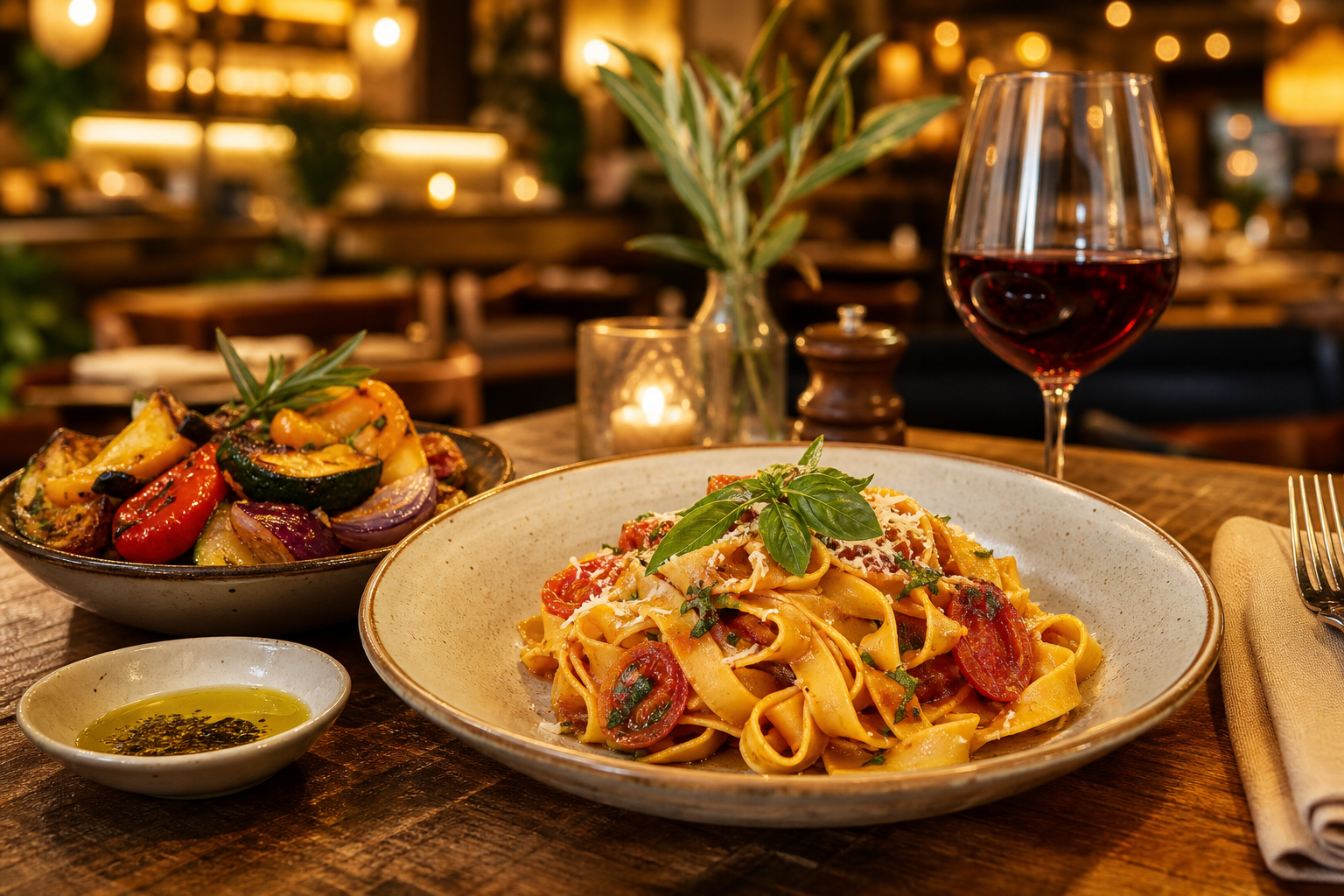 Plated Italian dinner with handmade pasta, roasted vegetables, and a glass of red wine on a warm restaurant table