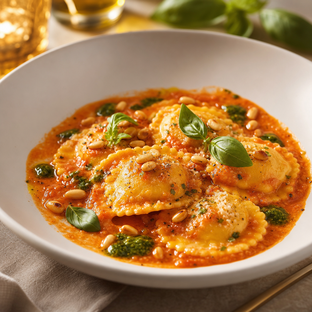 Roasted pepper and ricotta ravioli in tomato butter with basil