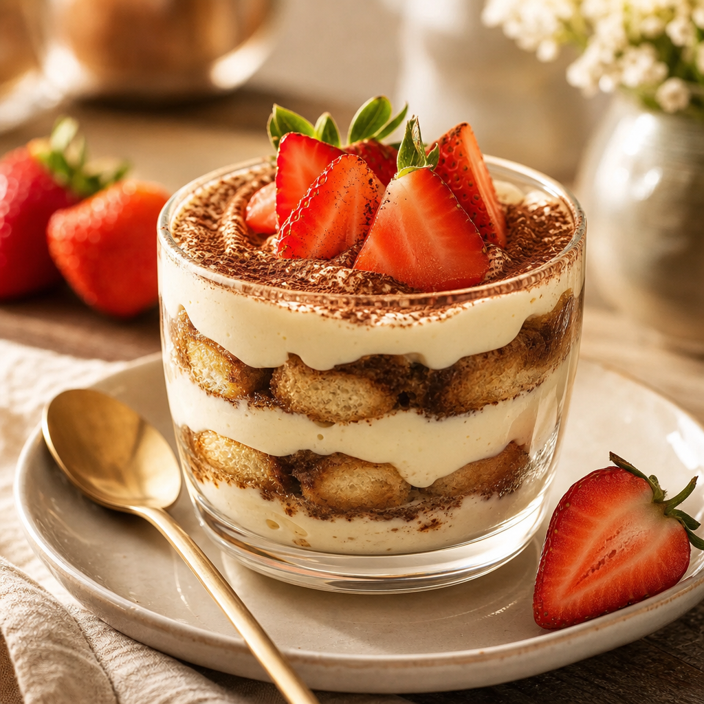 Summer tiramisu in a glass with strawberry, mascarpone, and cocoa dust