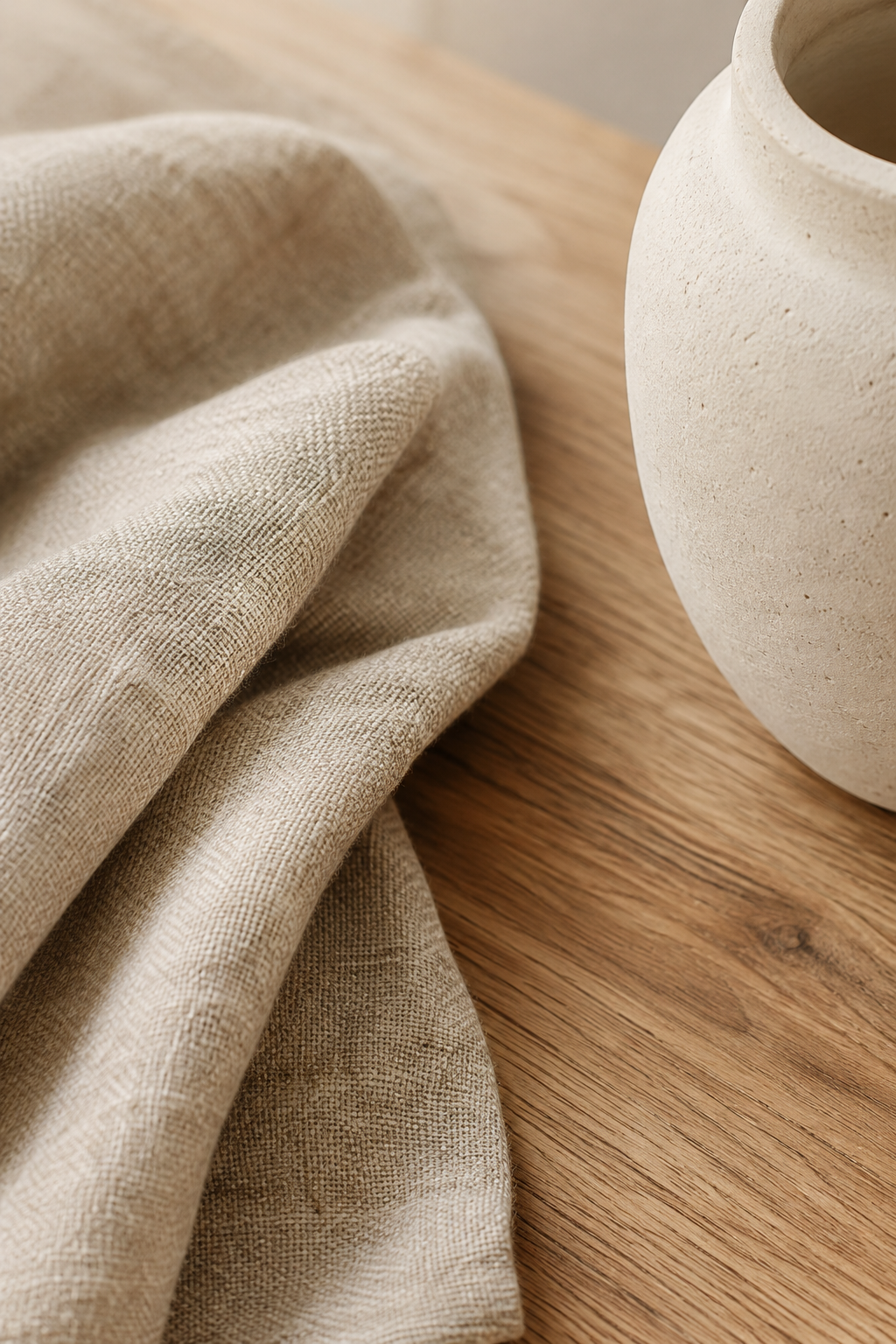Close-up of handmade decor materials with woven linen, smooth clay, and warm natural wood grain in soft light