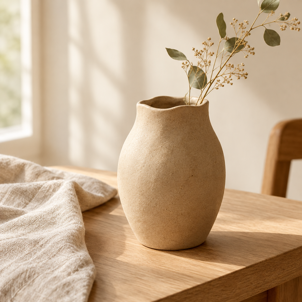 Hand-thrown matte sand ceramic vase on a wooden table